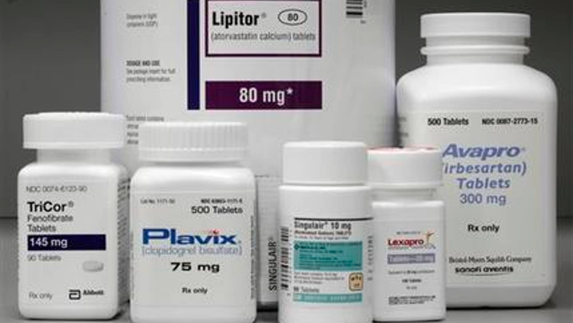 June 14, 2011: In this file photo, bottles of prescription drugs: Lipitor, TriCor, Plavix, Singulair, Lexapro and Avapro are displayed at Medco Health Solutions Inc., in Willingboro, N.J.