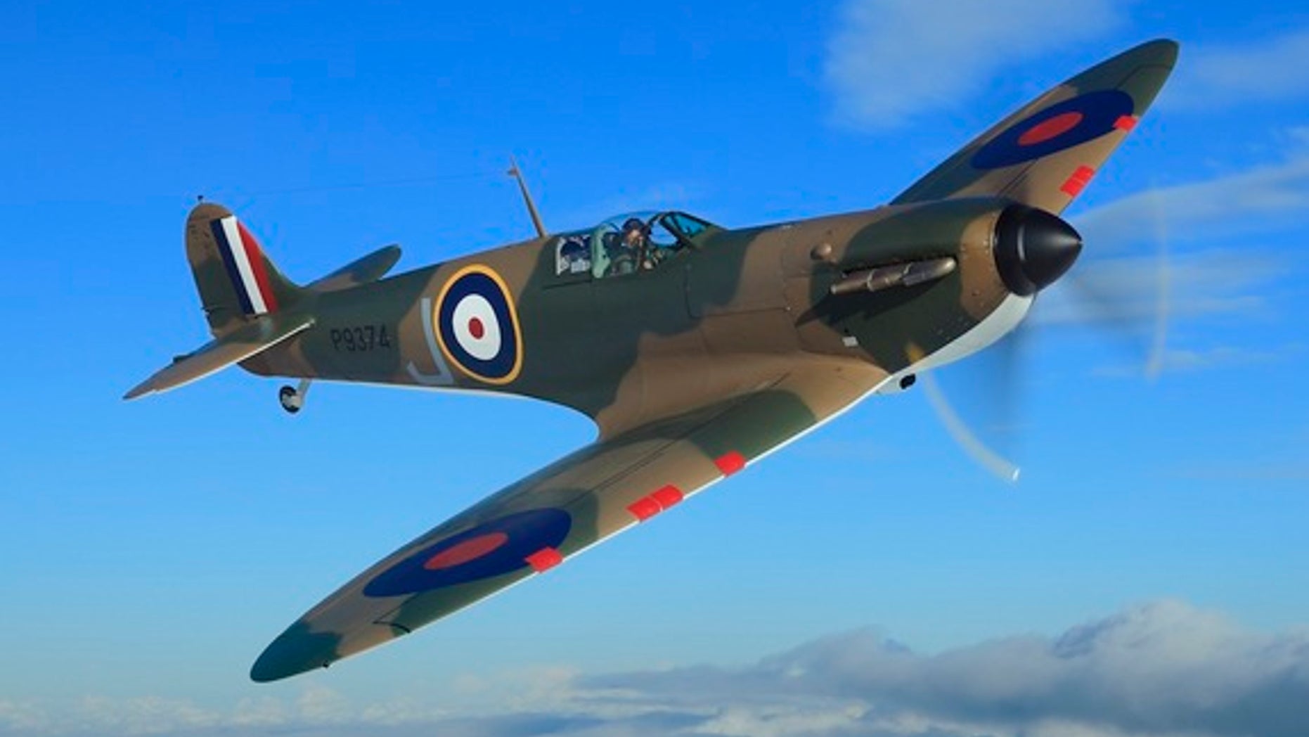 This restored Mk.1 Spitfire warplane was flown by a Royal Air Force (RAF) pilot during World War II.