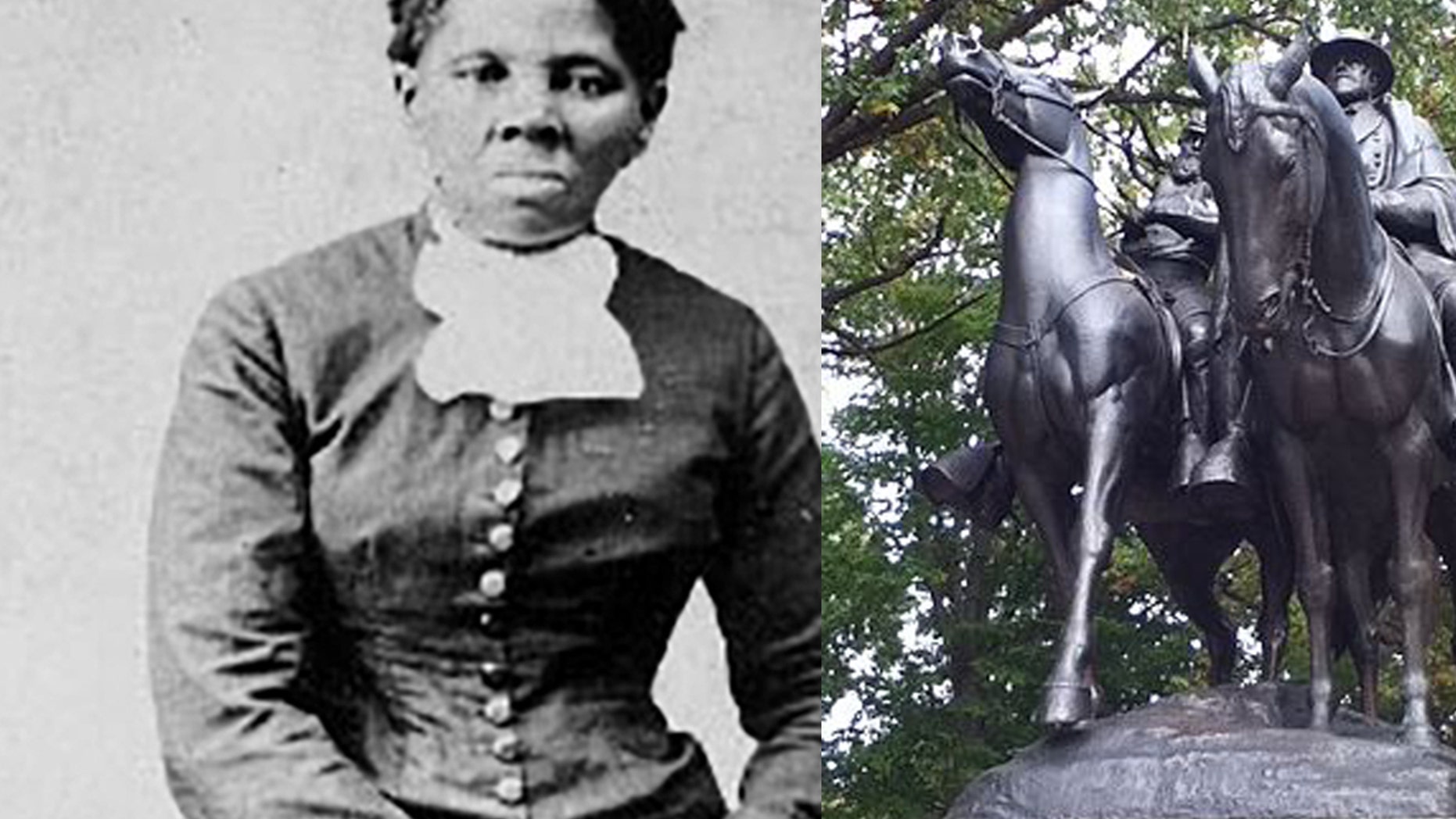 Space in a Baltimore park was dedicated to abolitionist Harriet Tubman, a left, after a statue of Confederate Gens. Robert E. Lee and Stonewall Jackson, at right, was taken down last summer.