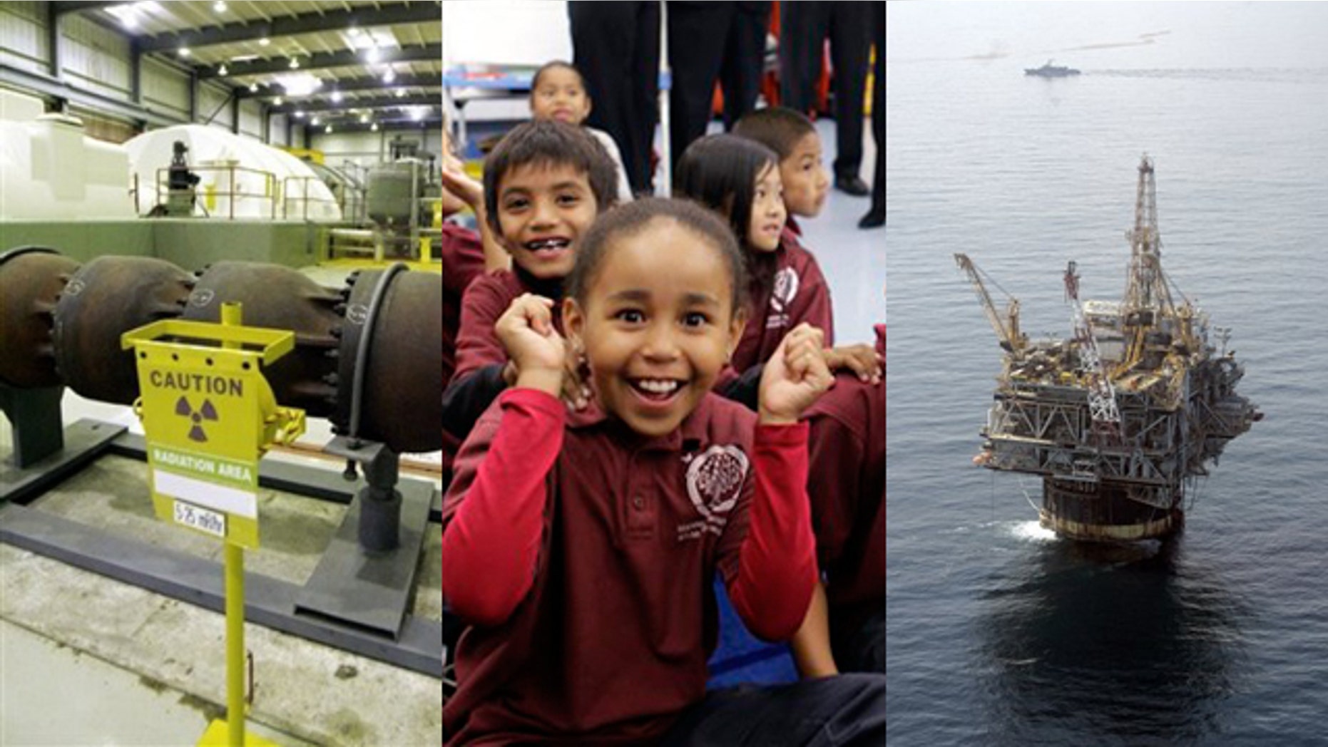 Shown here are a nuclear plant in Vernon, Vt., left; school children in Oakland, Calif., center; and a Chevron oil rig in the Gulf of Mexico. (AP Photos)