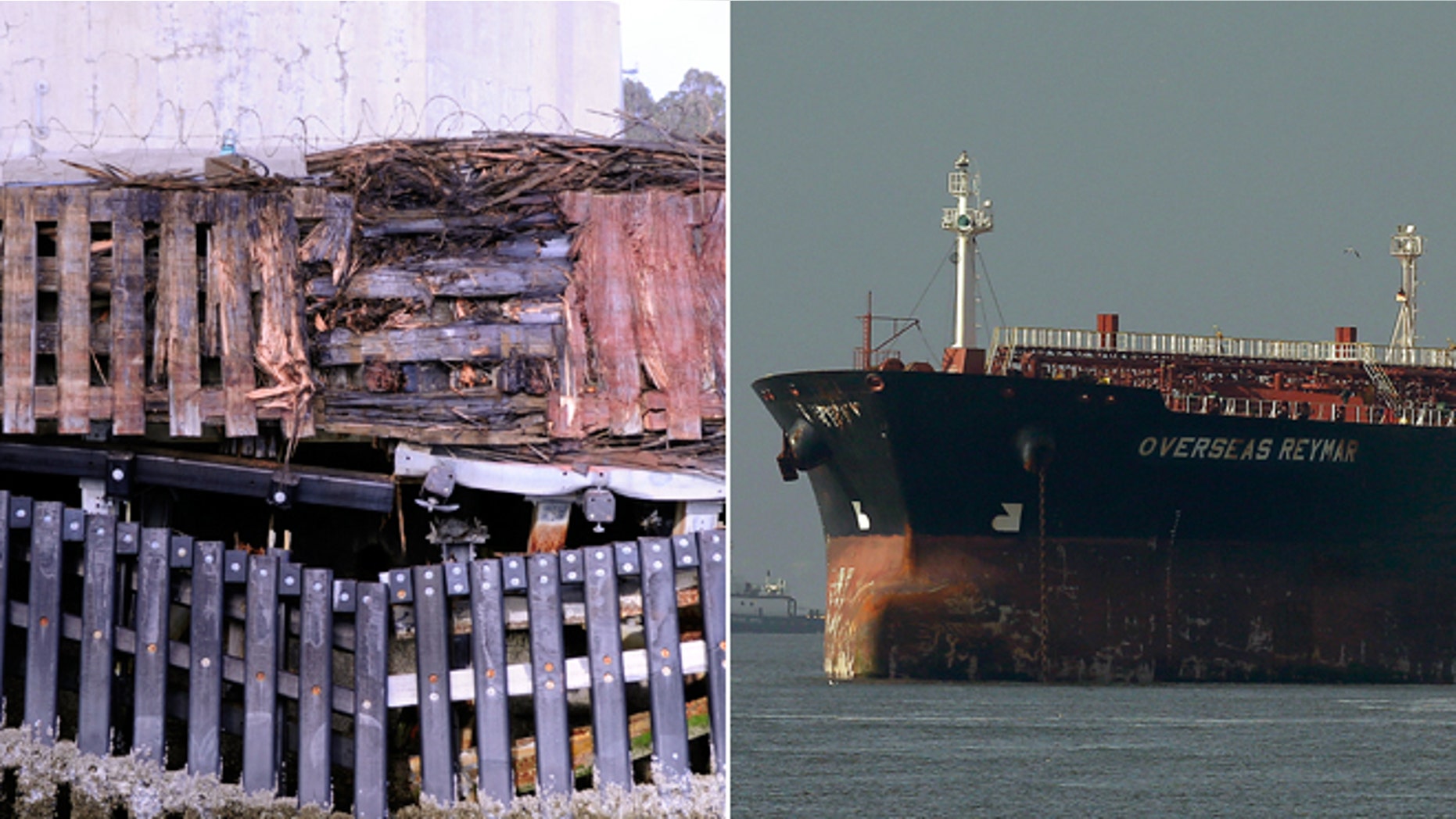 The empty oil tanker ship, right, struck the San Francisco-Oakland Bay Bridge on Monday, and caused damage seen, left, but there were no reports of leaking oil and the bridge remained open to traffic, officials said.