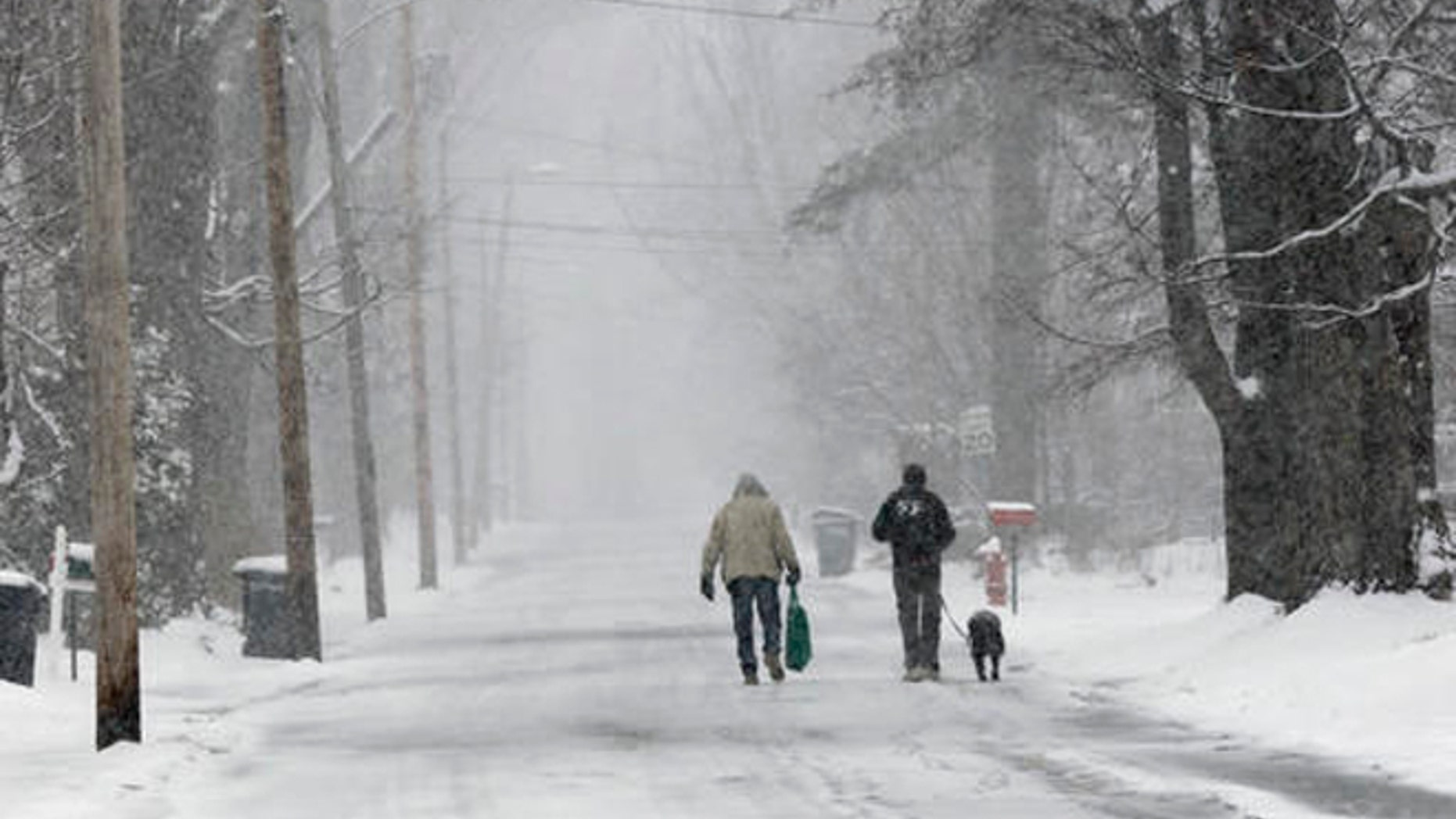 Bryan Gatneau, left, and David Baldwin, with his dog Winni walk home through the snow Tuesday, April 26, 2016, in Bethlehem, N.H.