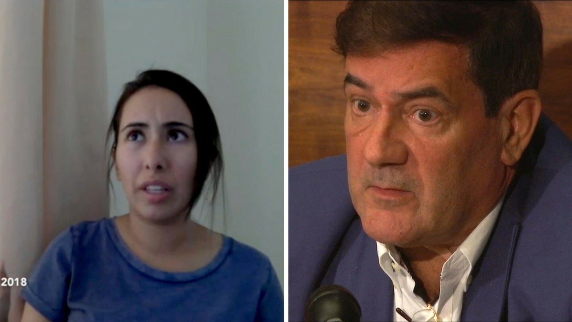 Herve Jaubert, a former French spy, right, said Sheikha Latifa bint Mohammed Al Maktoum, left, has vanished after trying to escape Dubai.