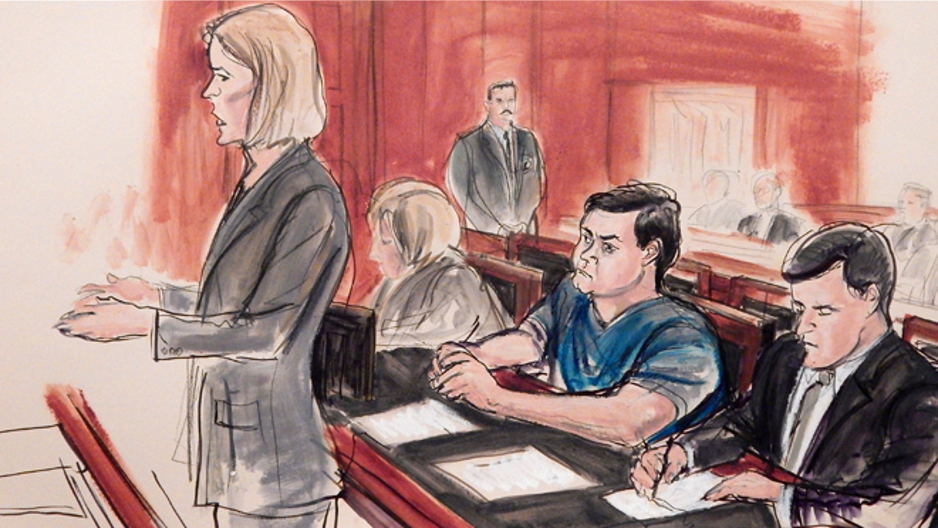 Feb. 11, 2015: In this courtroom sketch, Assistant U.S. Attorney Anna Skotko, foreground left, addresses the court at the arraignment of Russian citizen Evgeny Buryakov in New York.