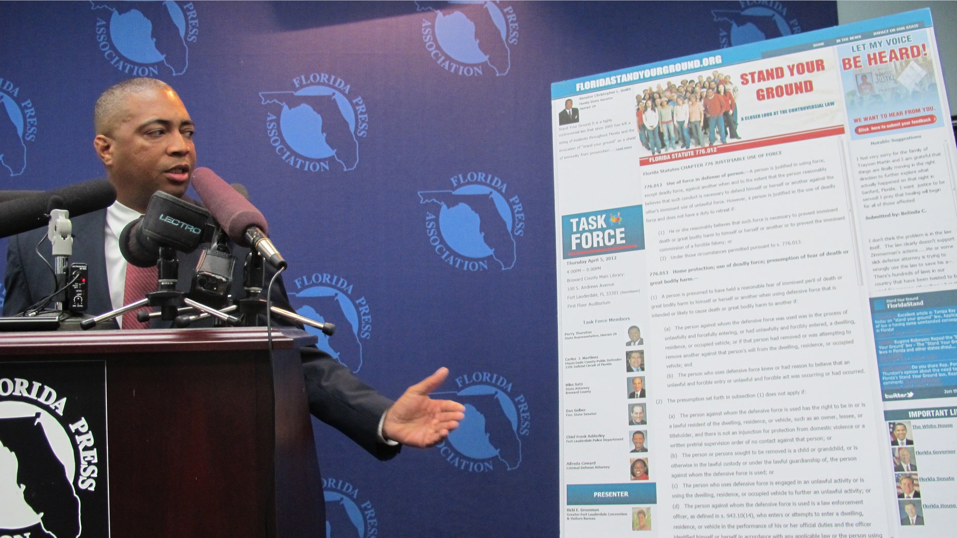 State Sen. Chris Smith, D-Fort Lauderdale, announces plans for a task force made up of current and former prosecutors and defense attorneys, to study Florida's "Stand Your Ground" gun law. (AP Photo/Tallahassee Democrat, Bill Cotterell)