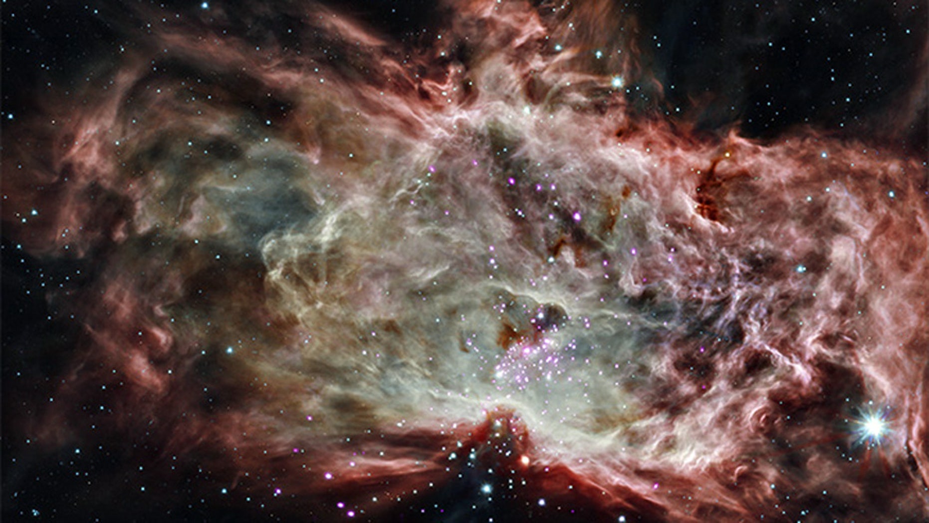NGC 2024 is a star cluster found in the center of the Flame Nebula, approximately 1,400 light-years from Earth. This observation combines X-ray and infrared data from NASA's Chandra and Spitzer space telescopes, respectively.