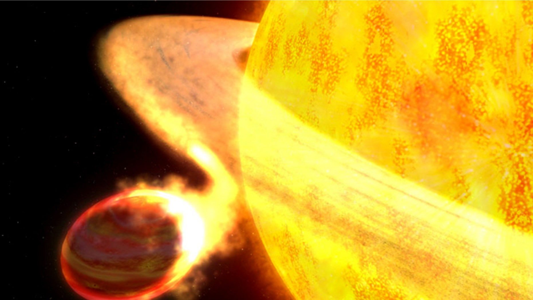 This is an artist's concept of the exoplanet WASP-12b. It is the hottest known planet in the Milky Way galaxy, and potentially the shortest lived. The planet is only 2 million miles from its sunlike parent star — a fraction of Earth's distance from the Sun.