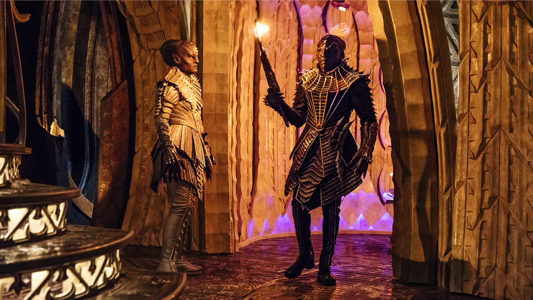 Pictured (l-r): Mary Chieffo as L'Rell; Chris Obi as T'Kuvma. STAR TREK: DISCOVERY coming to CBS All Access. Photo Cr: Jan Thijs ÃÂé 2017 CBS Interactive. All Rights Reserved.