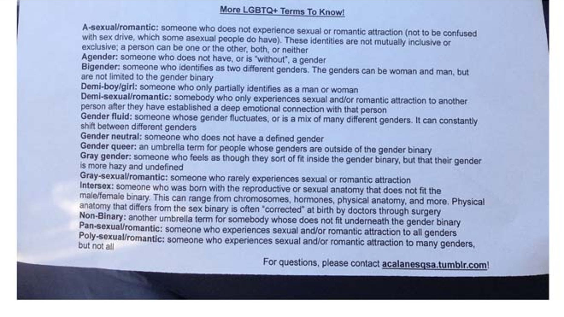 Students at Acalanes High School were given a handout with LGBT terminology – including words like pan-sexual, demi-boy and gray gender.