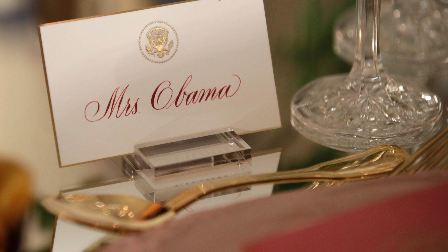 Oct. 17, 2016: First lady Michelle Obama's place card is seen on a table during a preview in advance of the State Dinner in honor of the Official Visit of Italian Prime Minister Matteo Renzi and his wife Agnese Landini, in the State Dining Room of the White House in Washington.