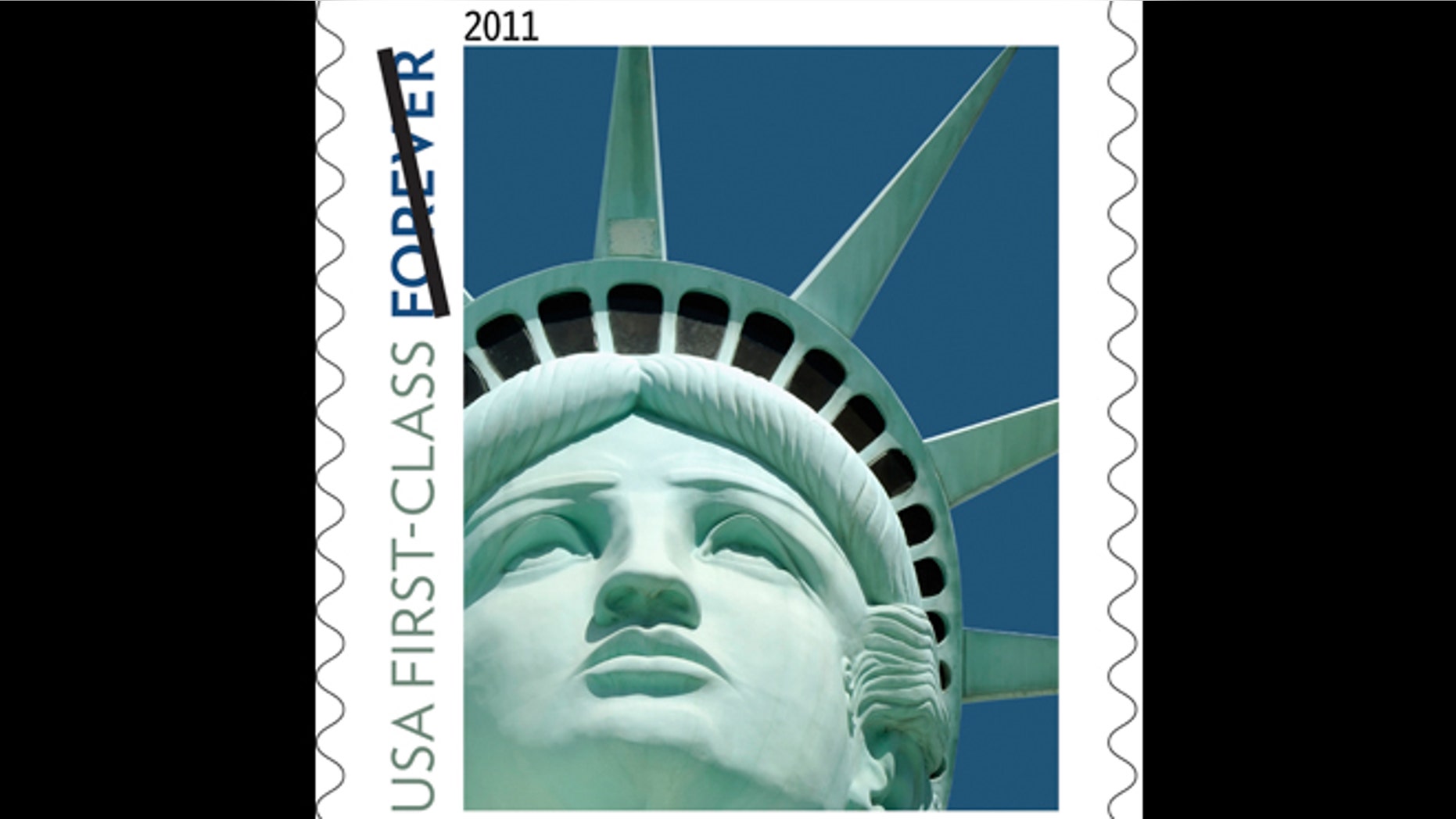 This undated file handout image provided by the U.S. Postal Service shows the Lady Liberty first class postage stamp first issued in 2011. An embarrassing Statue of Liberty forever stamp mistake is coming back to haunt the Postal Service.The design released in 2011 was not based on the statue in New York Harbor, as intended, but on a replica outside the New York-New York casino hotel in Las Vegas. Now, the sculptor who made the Lady Liberty of the Las Vegas Strip is suing the government for copyright infringement.