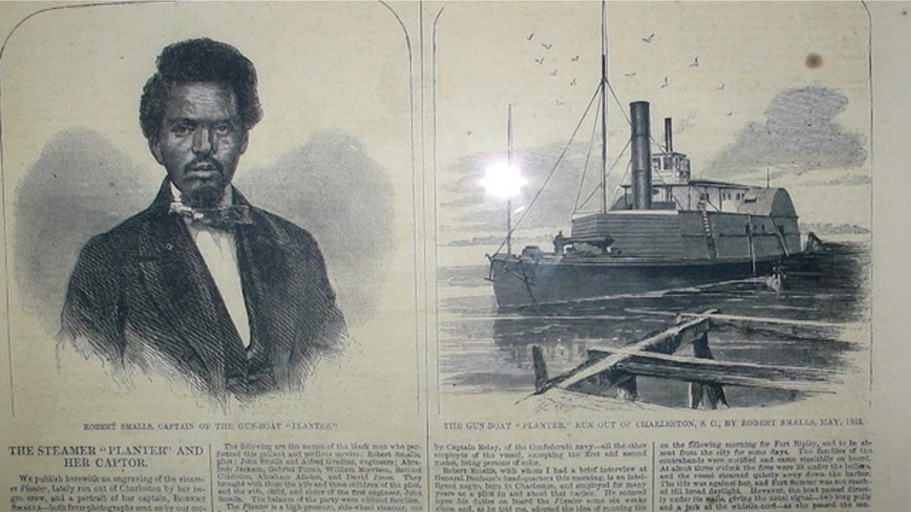FILE: May 2, 2012: A display at the Charleston Museum in Charleston, S.C., shows an 1862 Harpers Weekly article about Robert Smalls and the CSS Planter. Researchers announced on May 13, 2014 that they believe they have found the wreck of the Planter on the South Carolina coast.