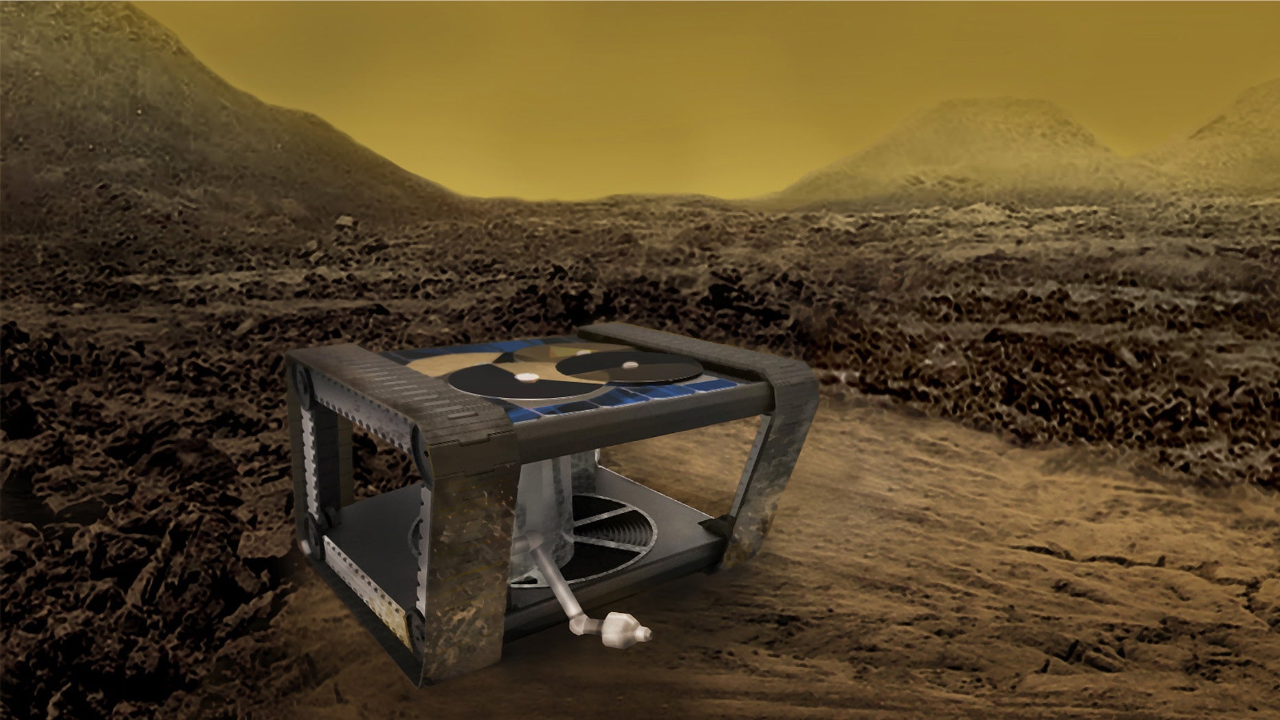 Artist's illustration of the Automaton Rover for Extreme Environments (AREE), a concept vehicle inspired by mechanical computers that could someday explore the surface of Venus.