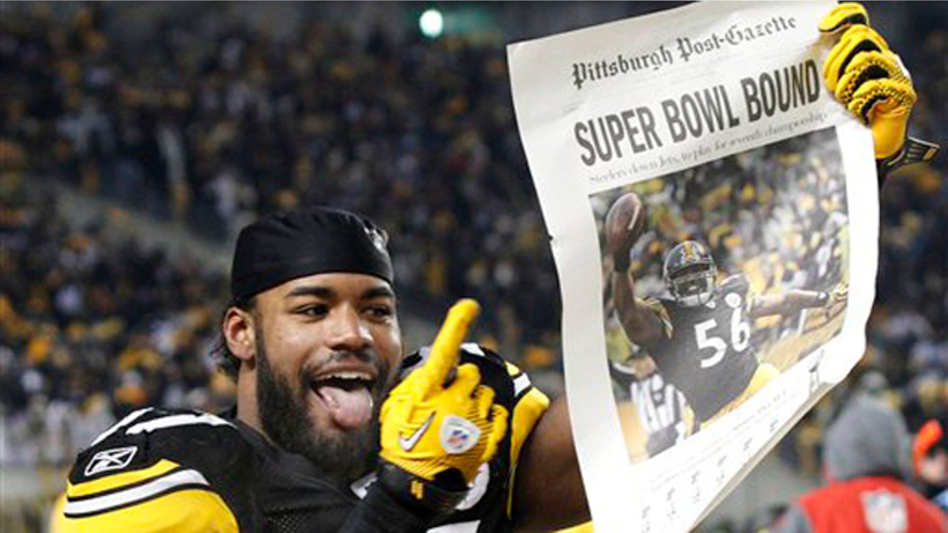 Jan. 23: Pittsburgh Steelers linebacker Keyaron Fox celebrates after a 24-19 win over the New York Jets in the AFC Championship game in Pittsburgh.
