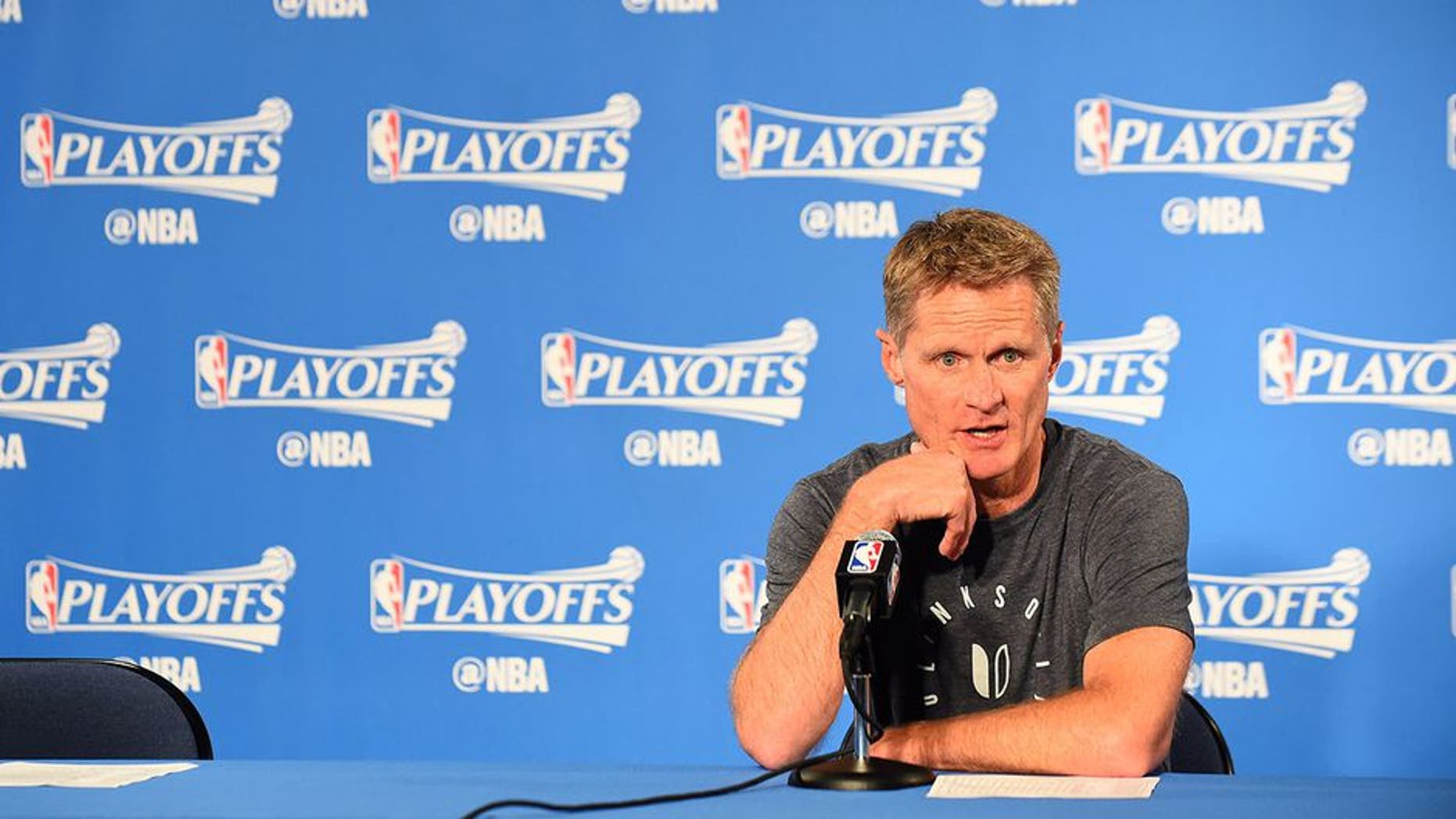 OAKLAND, CA - APRIL 19: Steve Kerr of the Golden State Warriors talks to the media during a press conference after Game Two of the Western Conference Quarterfinals against the Portland Trail Blazers during the 2017 NBA Playoffs on April 19, 2017 at ORACLE Arena in Oakland, California. NOTE TO USER: User expressly acknowledges and agrees that, by downloading and or using this photograph, user is consenting to the terms and conditions of Getty Images License Agreement. Mandatory Copyright Notice: Copyright 2017 NBAE (Photo by Noah Graham/NBAE via Getty Images)