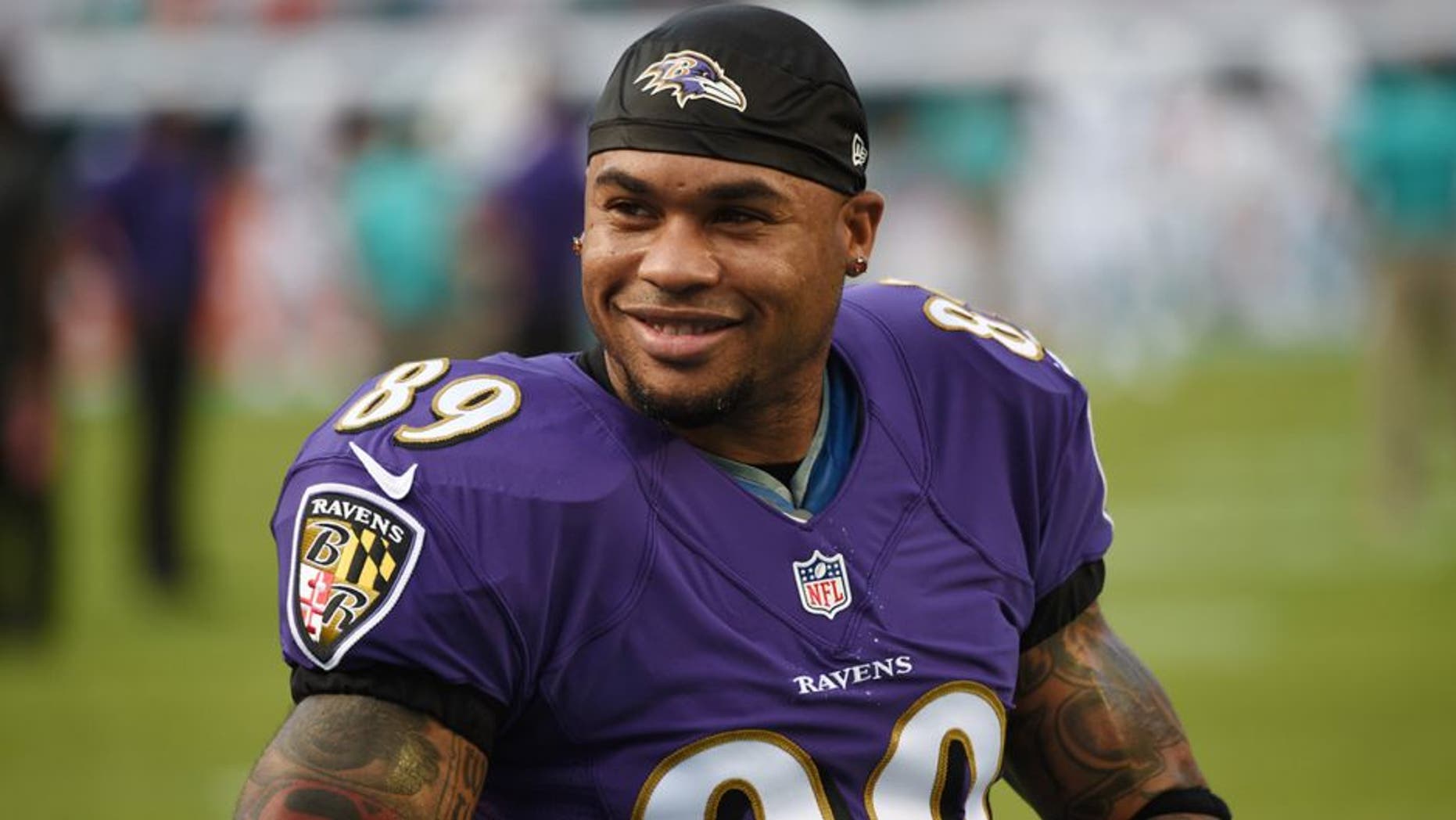 MIAMI GARDENS, FL - DECEMBER 07: Wide receiver Steve Smith #89 of the Baltimore Ravens looks on before a NFL game against the Miami Dolphins at Sun Life Stadium on December 7, 2014 in Miami Gardens, Florida.(Photo by Ron Elkman/Sports Imagery/ Getty Images)