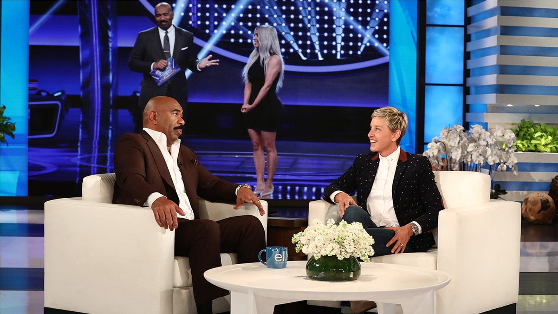 Steve Harvey speaks to Ellen DeGeneres about the upcoming Kardashian episode of "Family Feud."