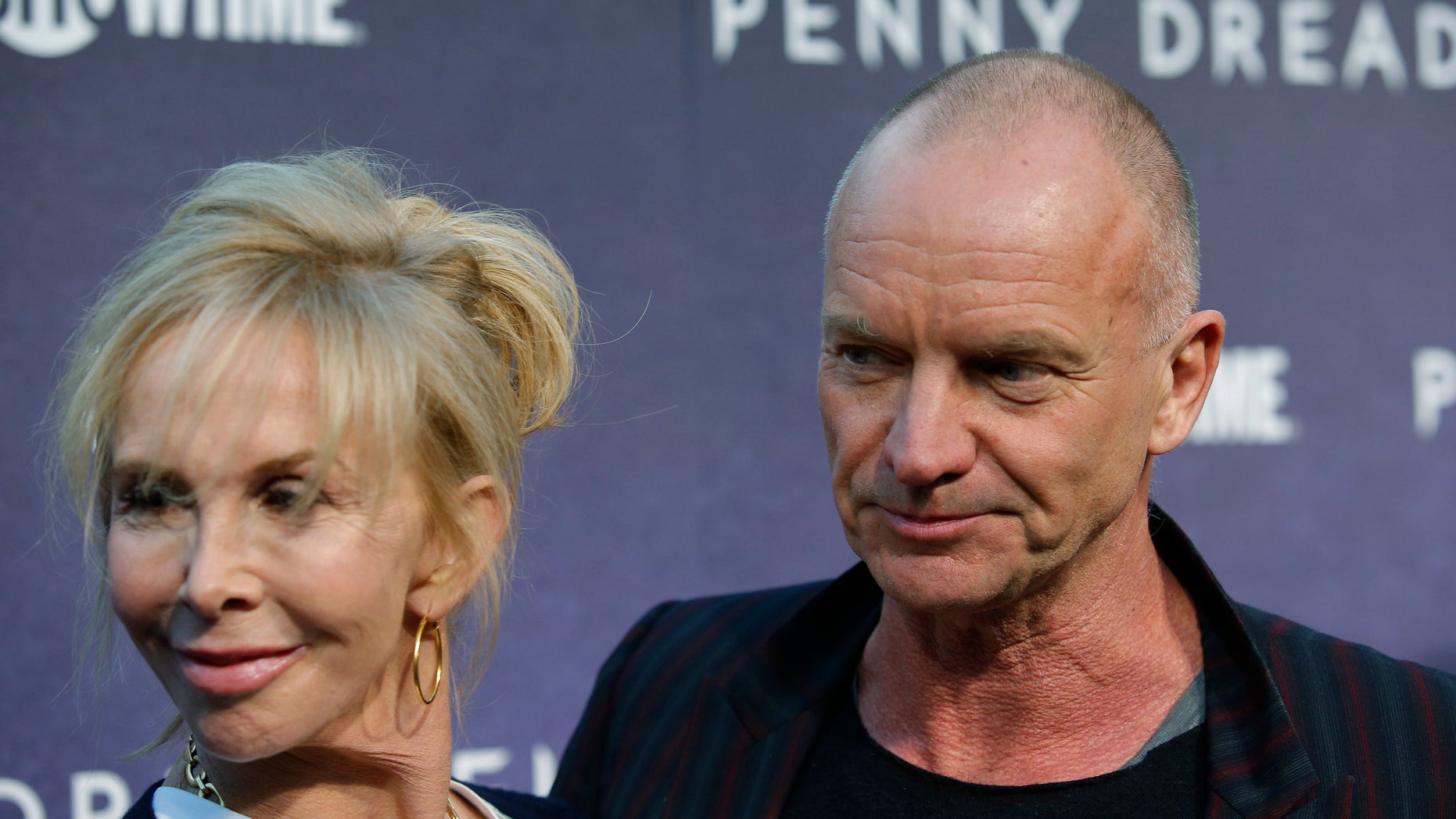 Sting, right, and Trudie Styler arrive for the world premiere of television series "Penny Dreadful" in New York May 6, 2014.
