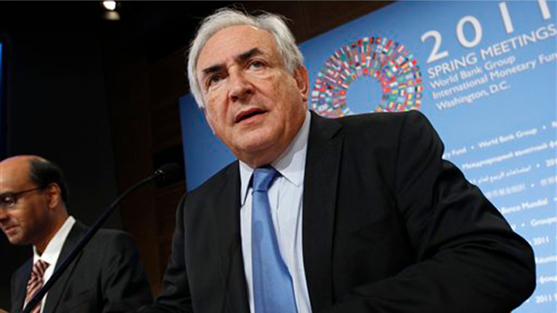 FILE: In this April 16 photo, International Monetary Fund then-Managing Director Dominique Strauss-Kahn arrives for a news conference after a meeting in Washington.