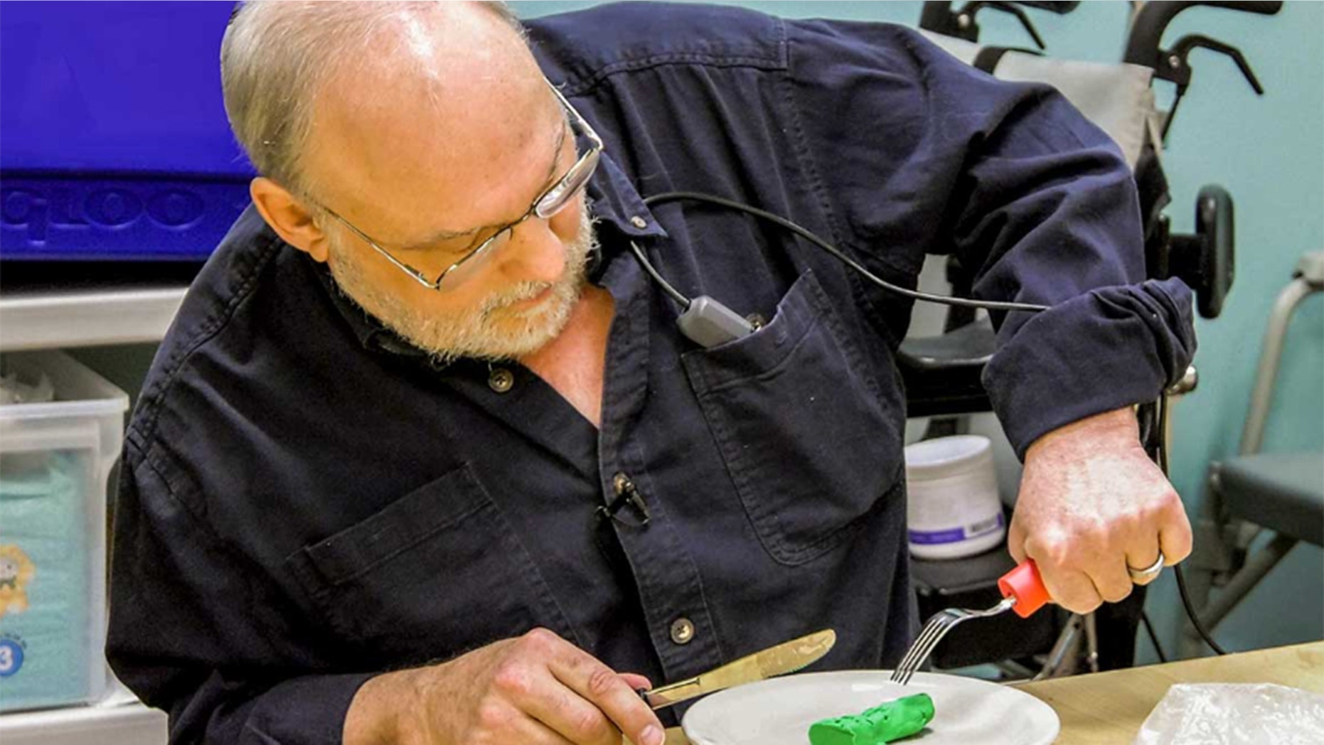 Ken Meeks is participating in a clinical trial that involves the use of a neurotransmitter implanted just below the skin on the chest to return some function to his arm.