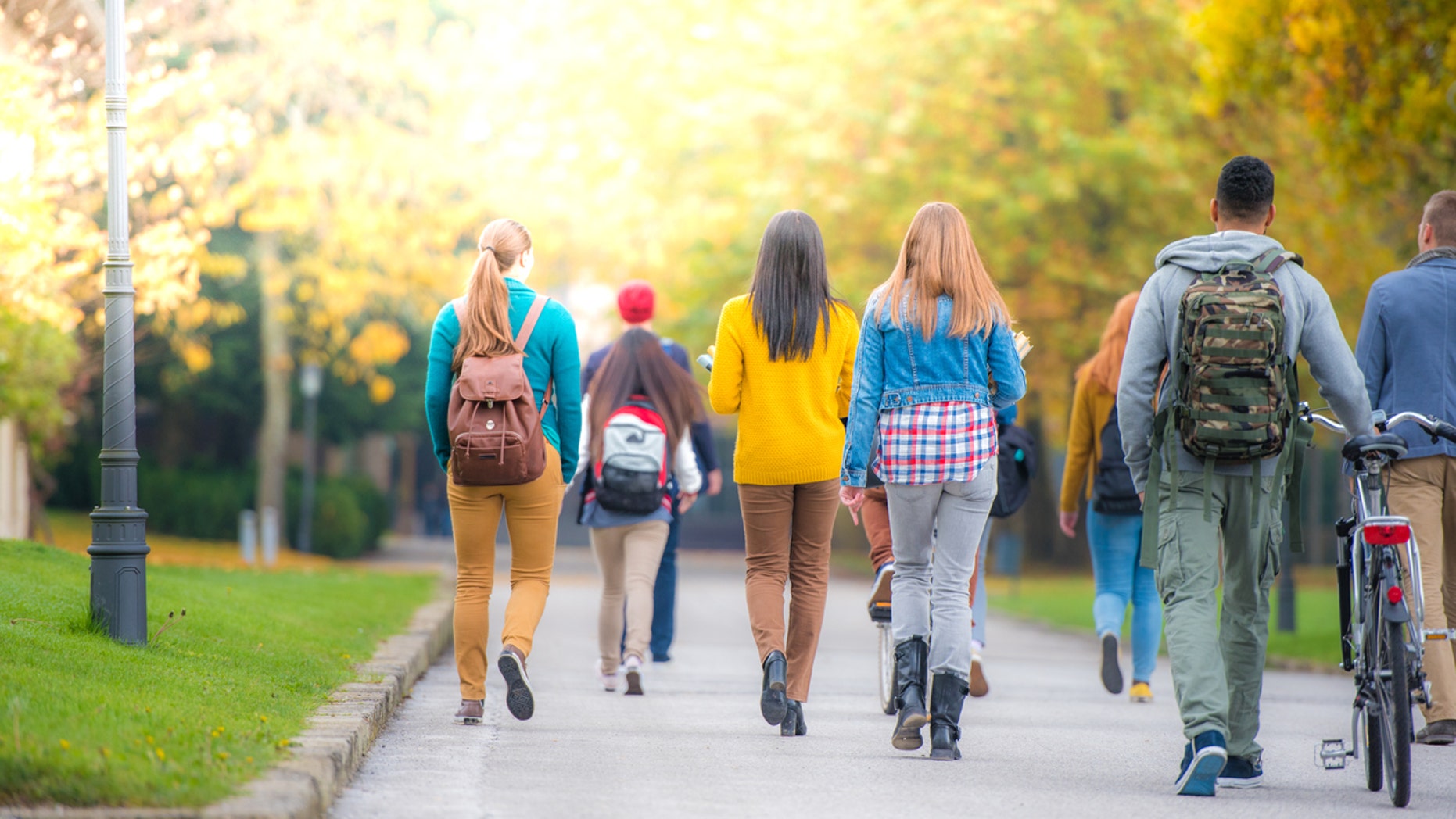 University students walking on footpath in campus.