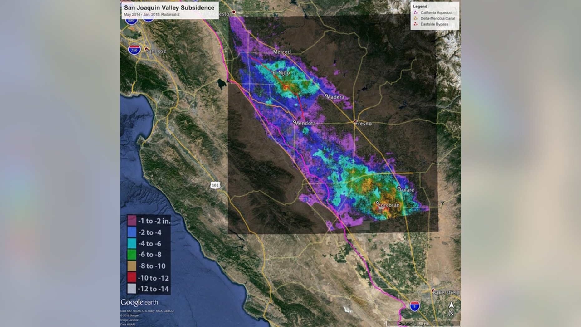 New NASA imagery reveals that parts of California are sinking at an astonishing rate, with some parts of the San Joaquin Valley sinking as much as 2 inches per month.