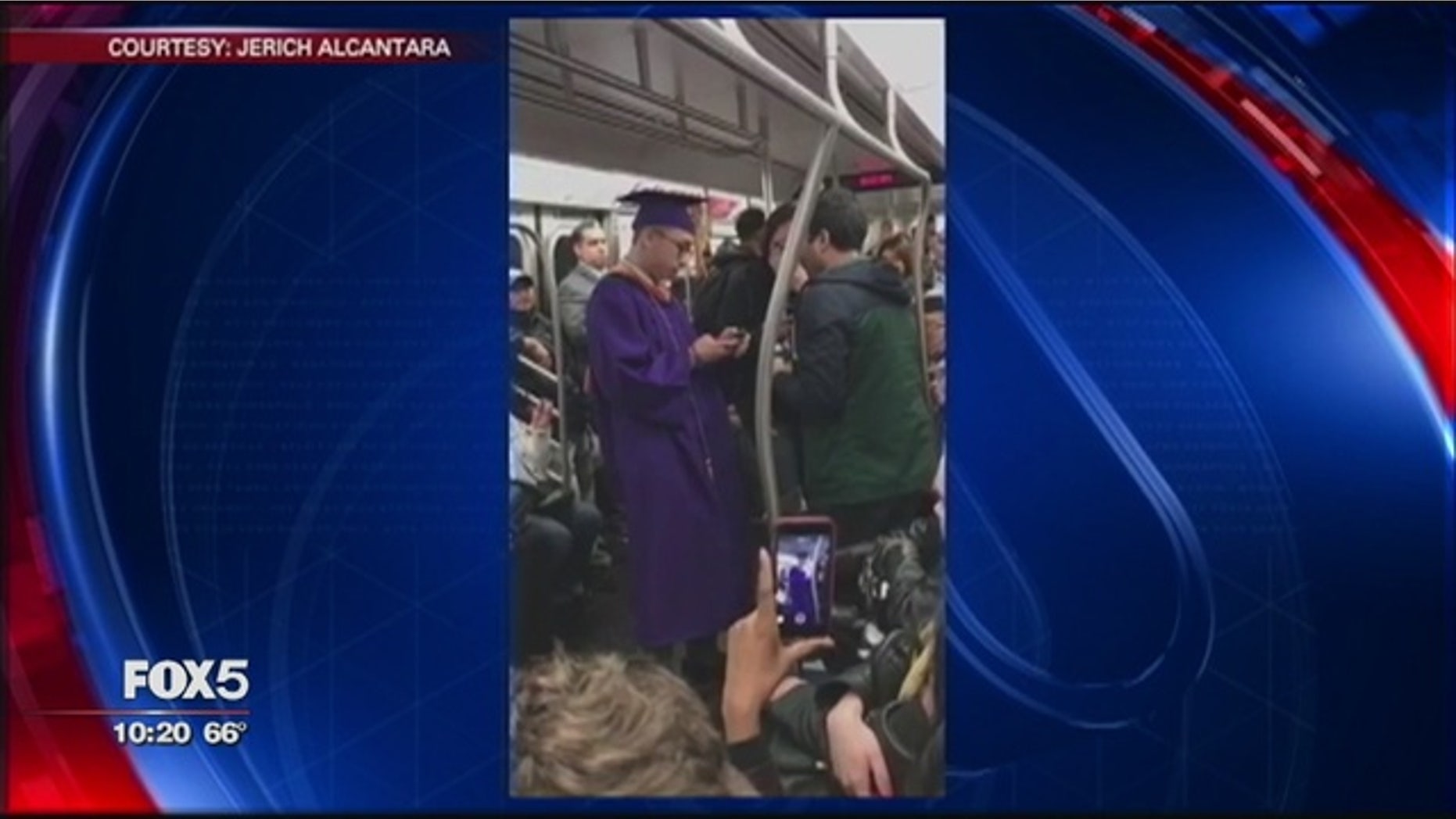 Jerich Alcantara, a nursing graduate at Hunter College, got an impromptu mock graduation ceremony after he was stuck on the train due to delays. (Fox 5 DC)