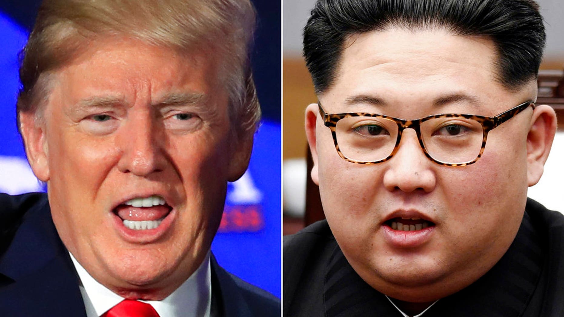 FILE - A combination of two file photos shows U.S. President Donald Trump, left, in Cleveland, Ohio, May 5, 2018, and North Korean leader Kim Jong Un, right, in Panmunjom, South Korea, April 27, 2018. The June 12 meeting between tough-talking President Donald Trump and North Korean leader Kim Jong Un, a brash young ruler with a nuclear arsenal, brings a bombastic set of personalities to the small island nation, which has hosted plenty of important meetings, but nothing as big as this. (AP Photo/Manuel Balce Ceneta, Korea Summit Press Pool via AP, File)