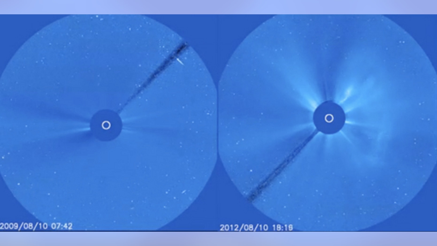 This screenshot from a video taken by the NASA/ESA SOHO spacecraft shows how much more active the sun is in August 2012 (right) than it was three years ago (left).