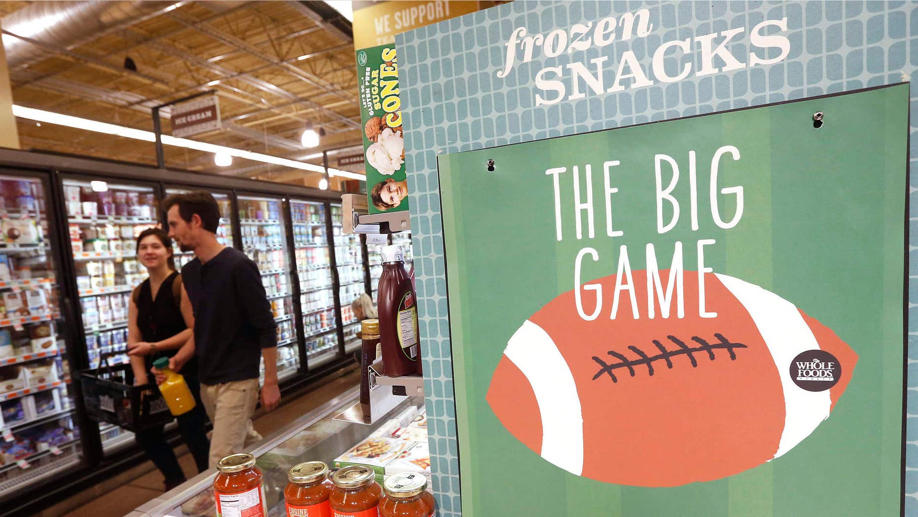 Jan. 28, 2015: So as not to infringe on the NFL Super Bowl name trademark, all non-rights holders have to use different wording to promote any Super Bowl activity like this Whole Foods grocery store promotion on Super Bowl party foods calling it "the big game"