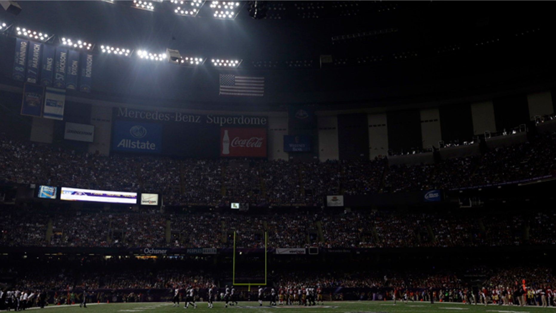 Feb. 3, 2013: The Superdome is seen after the lights went out during the second half of NFL Super Bowl XLVII football game Beyonce performs during the halftime show in New Orleans.