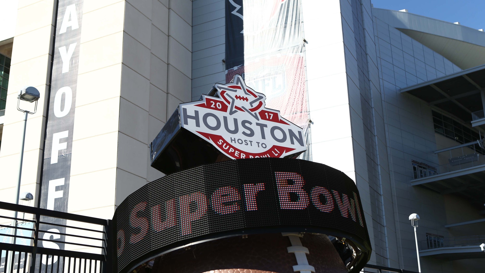 Jan 7, 2017; Houston, TX, USA; A countdown to Super Bowl LI scrolls outside of NRG Stadium before the AFC Wild Card playoff football game between the Houston Texans and the Oakland Raiders. (Mandatory Credit: Troy Taormina-USA TODAY Sports)