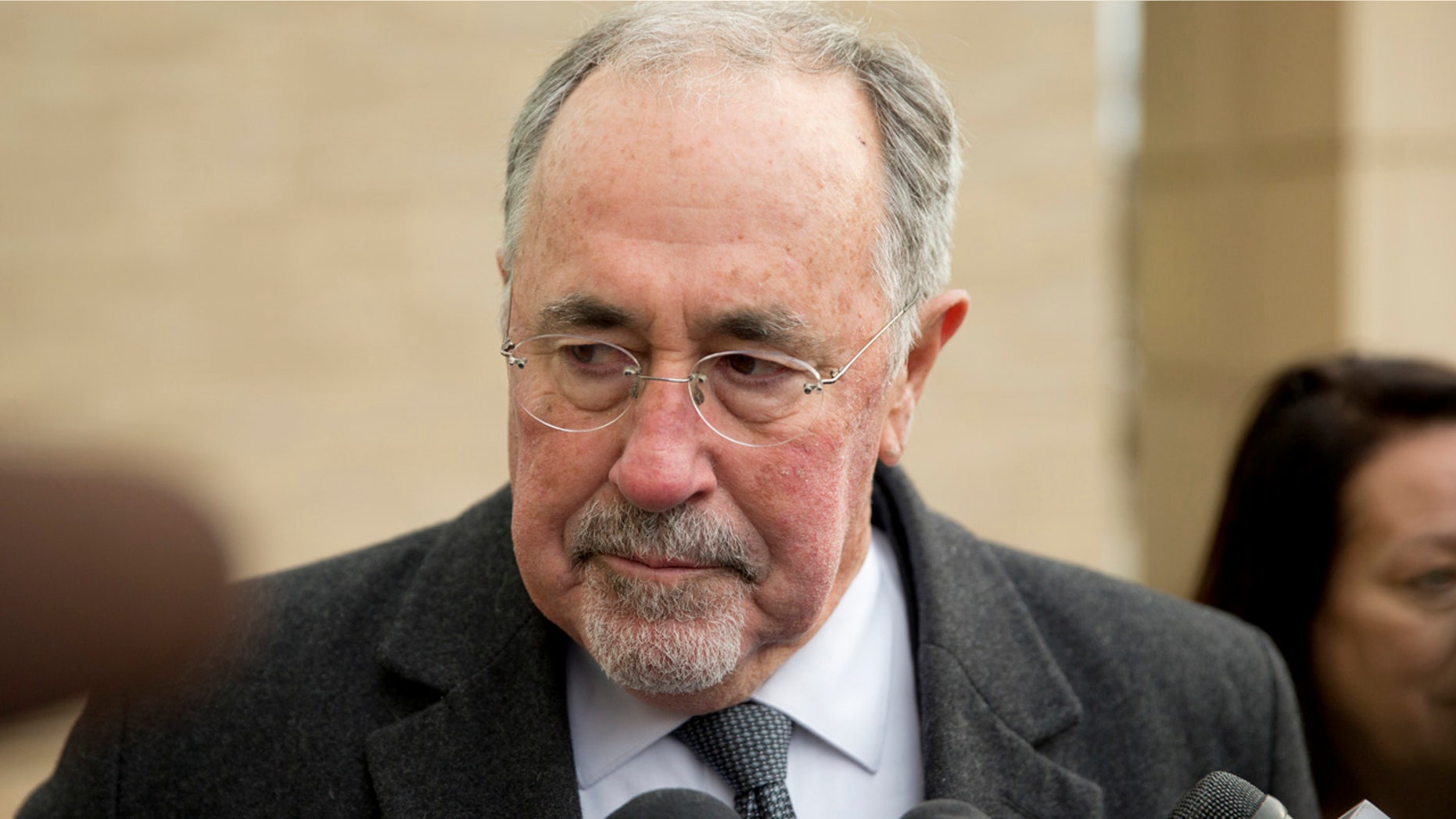 FILE - In this Dec. 21, 2015, file photo, Pennsylvania Supreme Court Justice Michael Eakin arrives at the Northampton County courthouse in Easton, Pa. for a hearing about whether he should be suspended while a judicial ethics court decides if his email practices warrant discipline. (AP Photo/Matt Rourke, File)