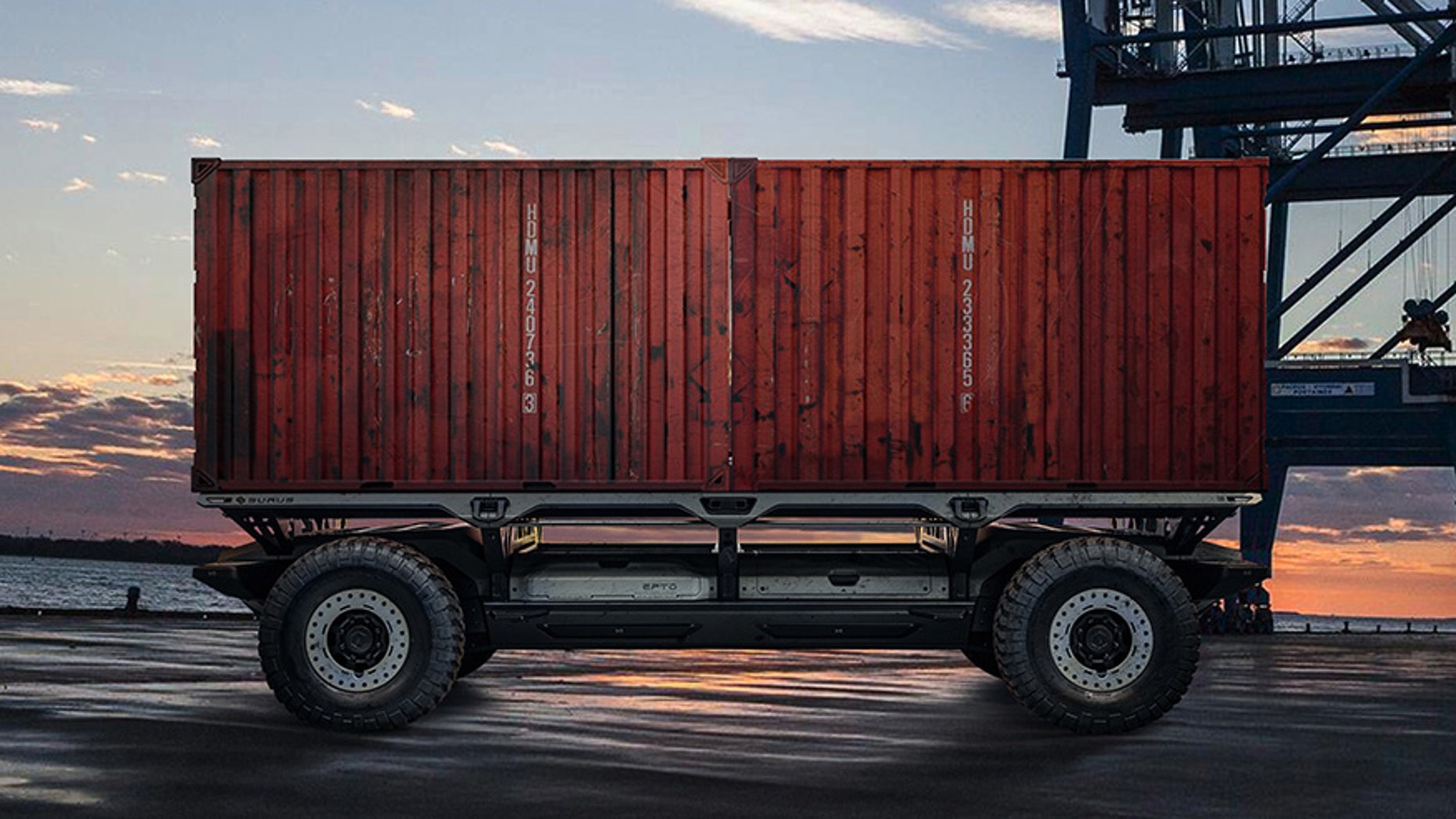 A rendering of the Silent Utility Rover Universal Superstructure (SURUS) platform with shipping containers to show the potential of flexible fuel cell solutions. SURUS was designed to form a foundation for a family of commercial vehicle solutions that leverages a single propulsion system integrated into a common chassis.