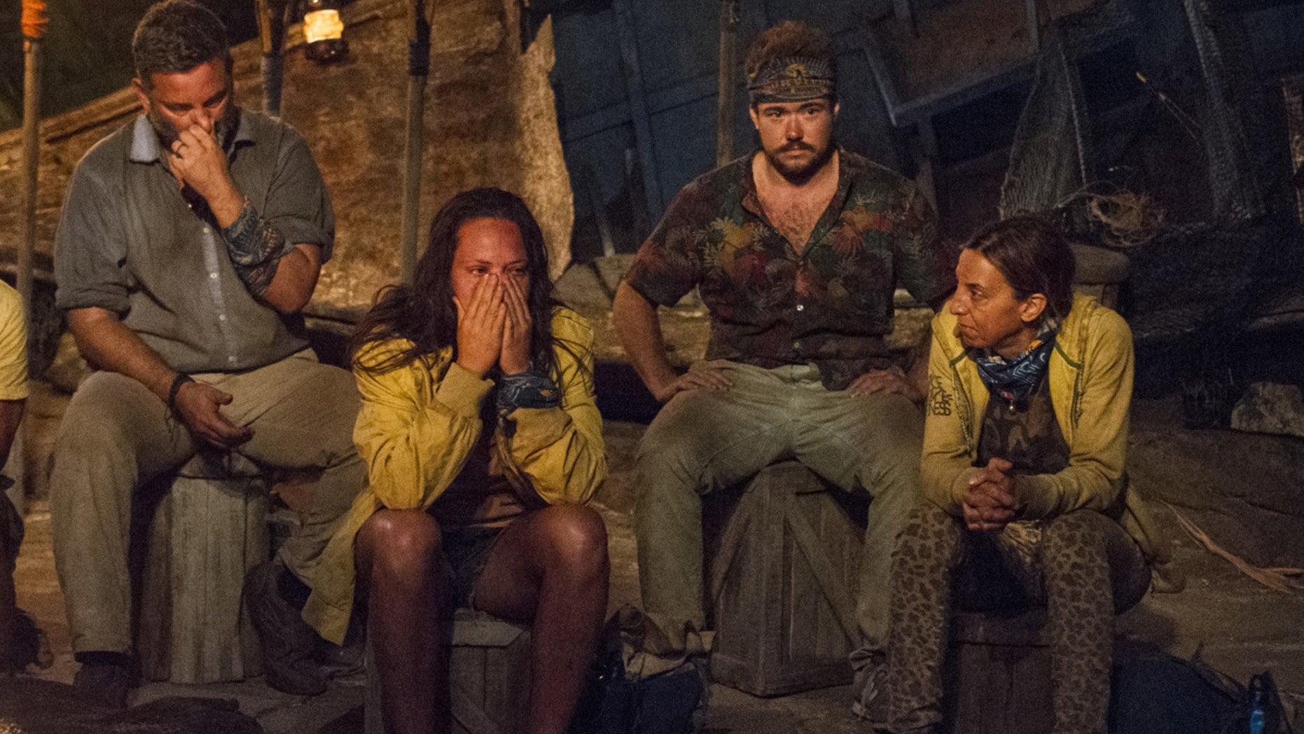 From l-r: Jeff Varner, Sarah Lacina, Zeke Smith and Debbie Wanner at Tribal Council on CBS' "Survivor."