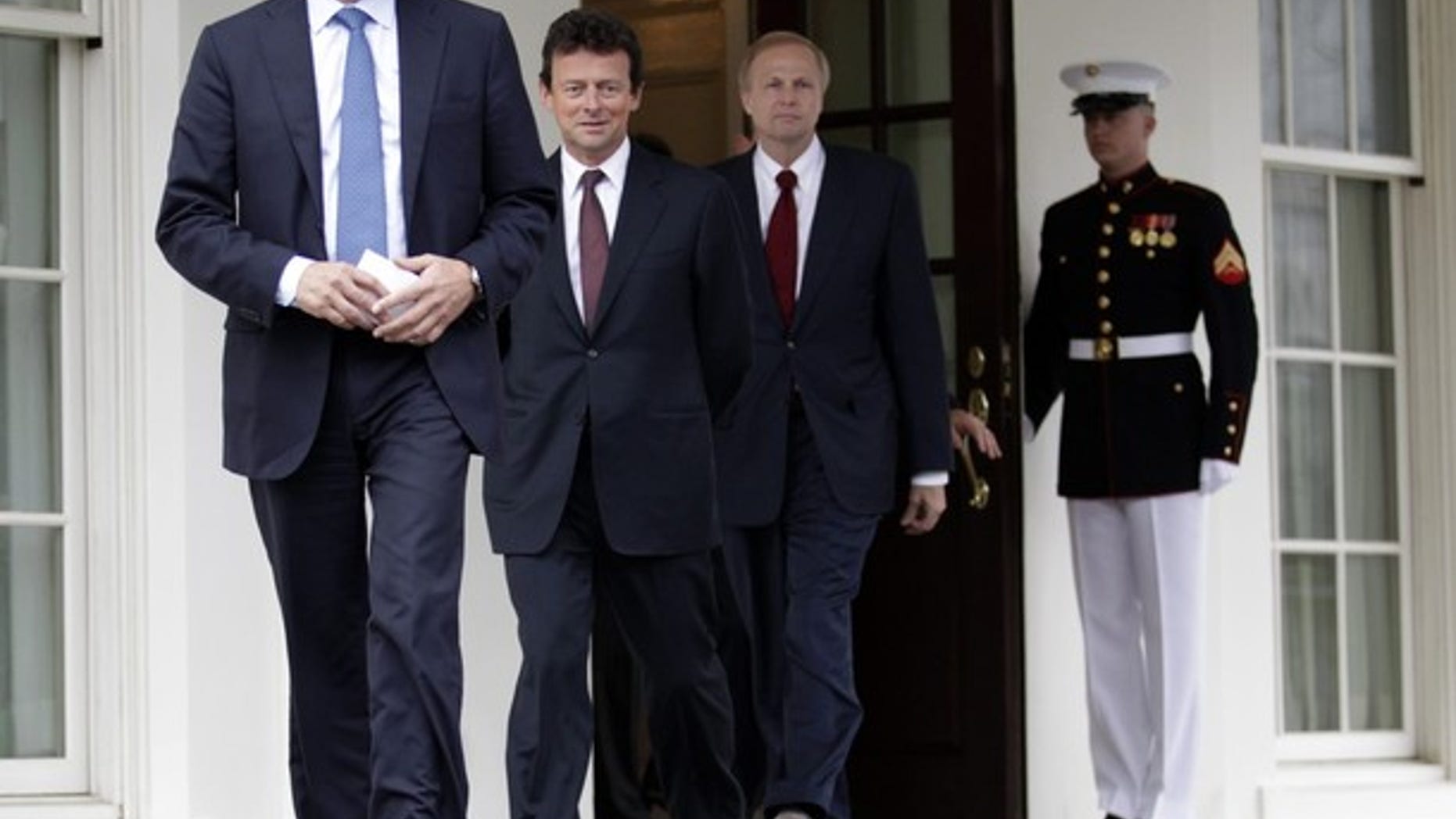 Wednesday: BP Chairman Carl-Henric Svanberg (left), CEO Tony Hayward and Managing Director Bob Dudley leave the White House after their meeting with President Obama. (Reuters)