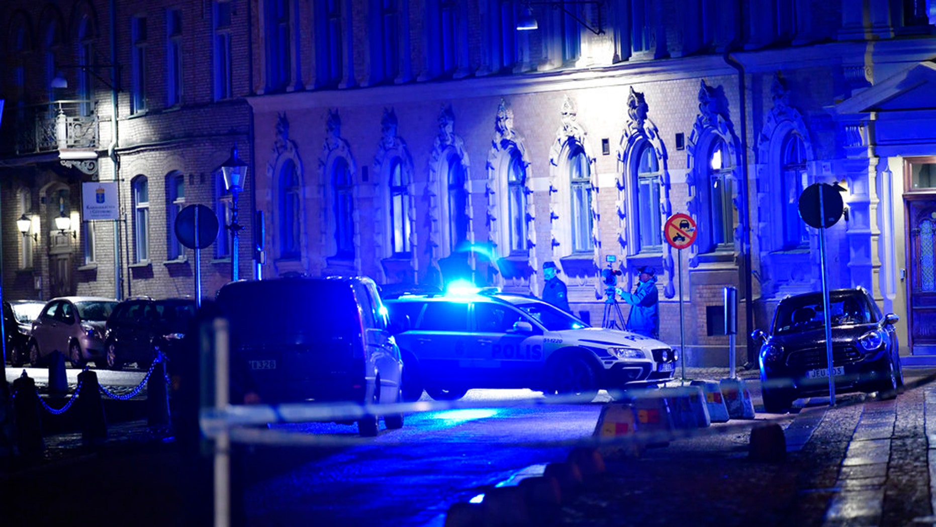 A view of a site where a synagogue was attacked in Gothenburg, Sweden, late Saturday Dec. 9, 2017.