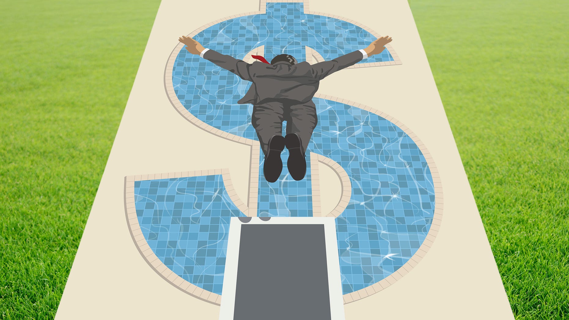 man diving into dollar-shaped swimming pool