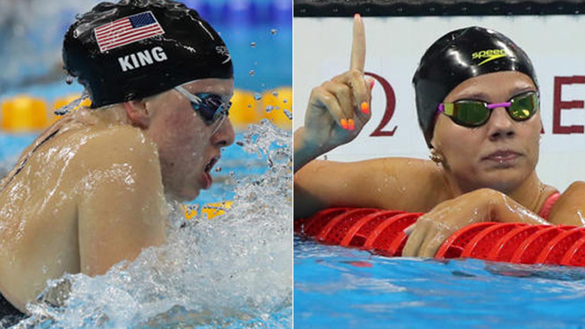 United States' Lilly King (left) competes in a semifinal of the women's 100-meter breaststroke during 2016 Summer Olympics, Russia's Yulia Efimova (right) celebrates winning a semifinal of the women's 100-meter breaststroke.