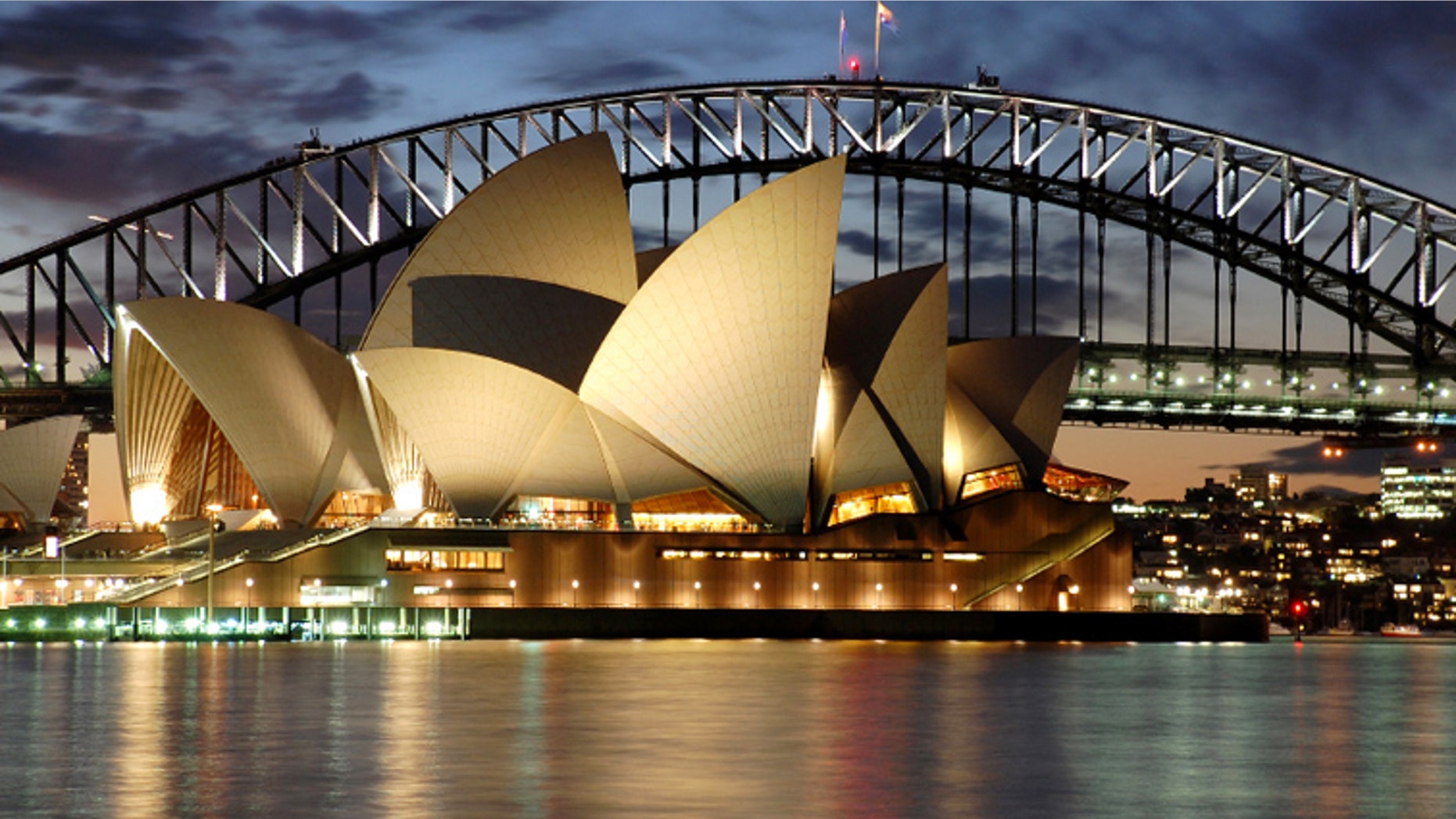 Sydney Opera House with Harbour Bridge at night detail