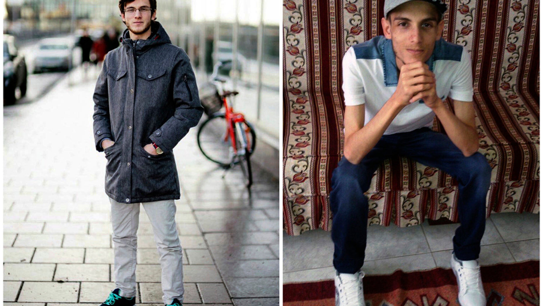 In this combination of two photos of Omar Alshogre, a 21-year Syrian former detainee, now living in Stockholm, Sweden. The left picture is of Alshogre taken on January 2017 in Stockholm, Sweden. The right picture is of Alshogre in July 2015 in Antakya, Turkey, a month after he got out of Syria's Saydnaya prison, near Damascus. While in detention, Alshogre said he heard men escorted to be hanged and had himself been called for "execution" but was spared after a brief trial.