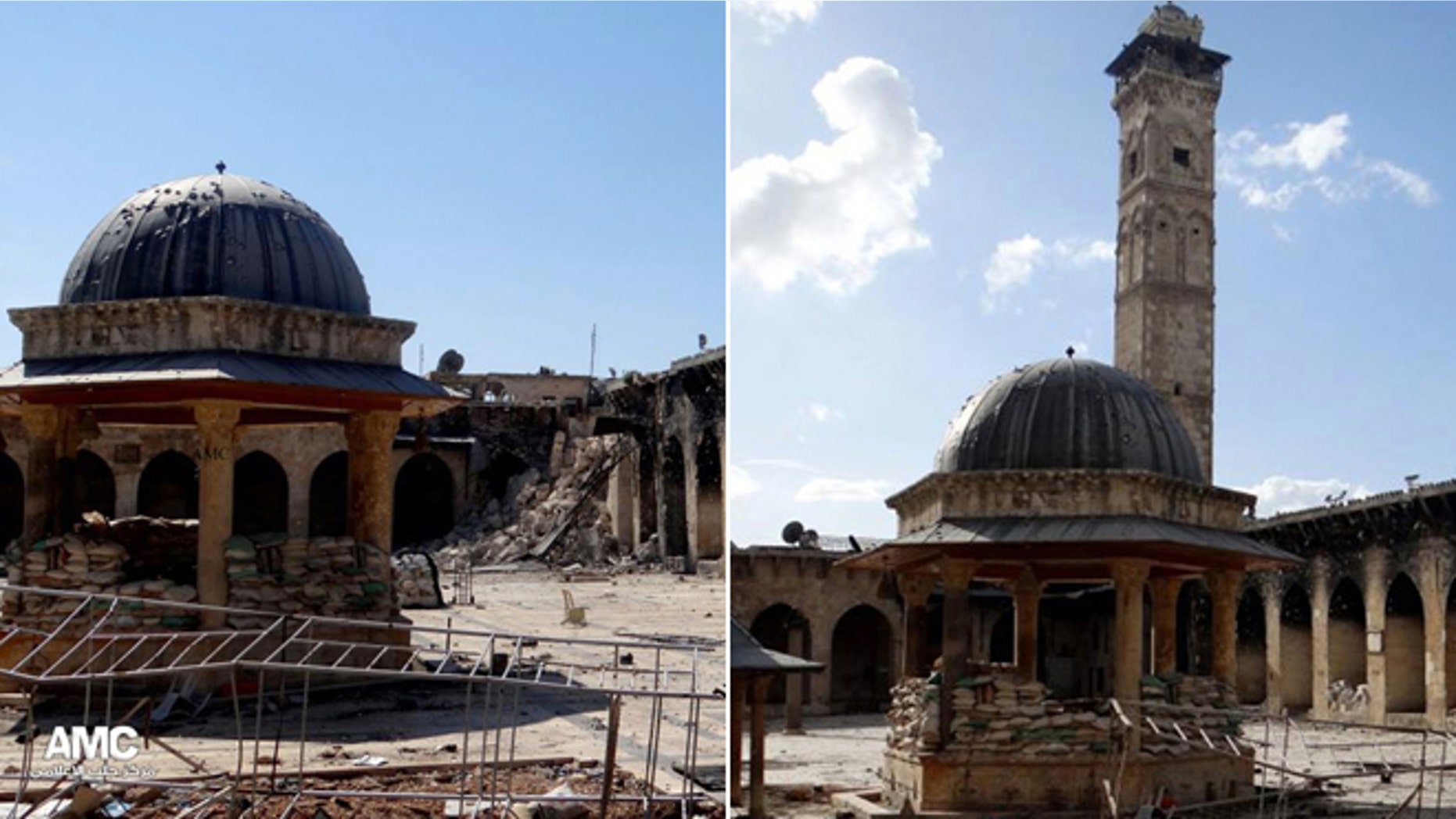 This combination of two citizen journalist images provided by Aleppo Media Center AMC which has been authenticated based on its contents and other AP reporting, shows at left: the damaged famed 12th century Umayyad mosque without the minaret, background right corner, which was destroyed by the shelling, in the northern city of Aleppo, Syria, Wednesday April 24, 2013; and at right, an undated view of the mosque with is minaret still intact.
