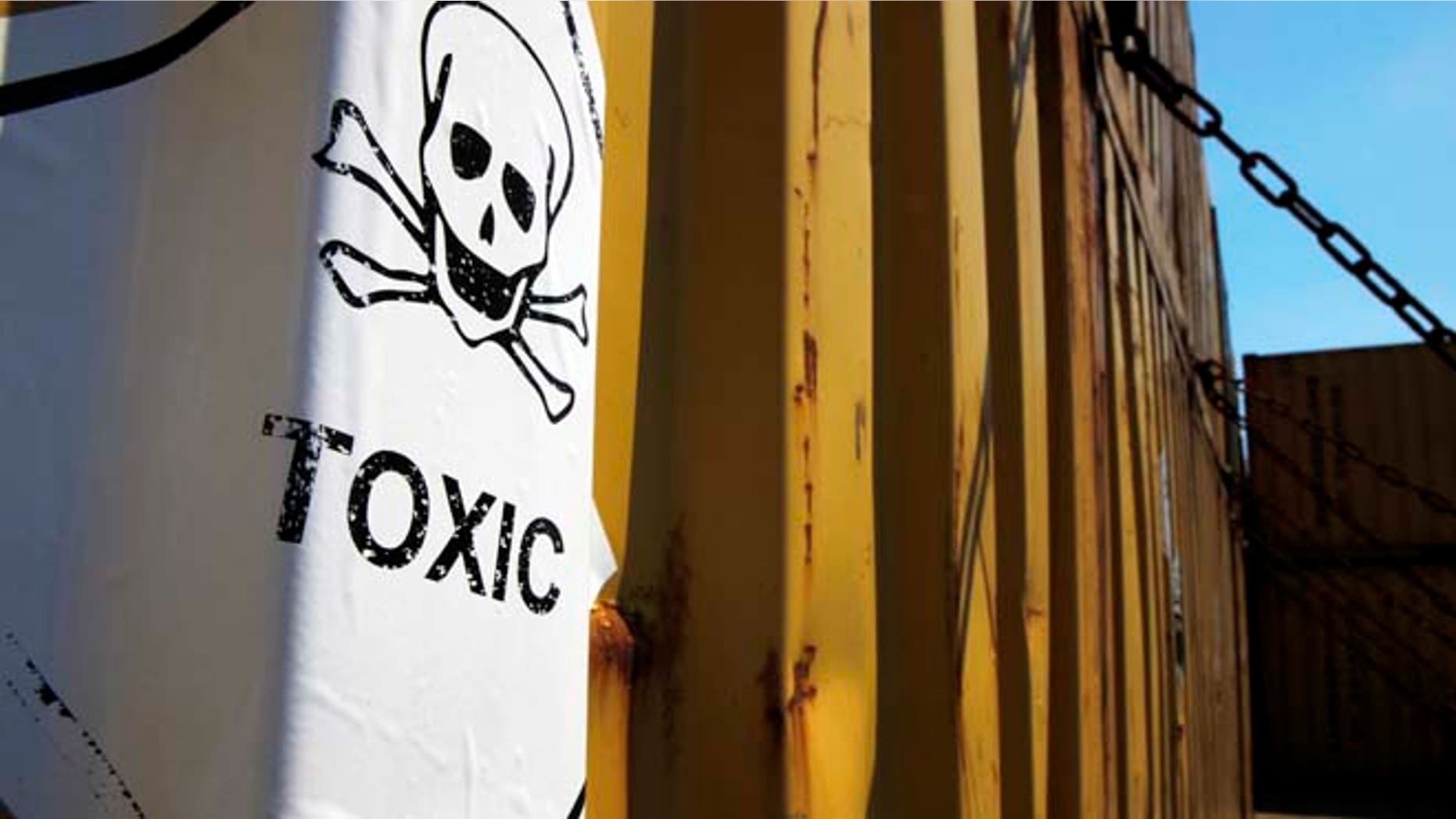 May 13, 2014: A sticker reading "Toxic" on containers carrying Syria's dangerous chemical weapons, on the Danish cargo ship, Ark Futura, transporting the chemical weapons out of the strife-torn country, in Cyprus coastal waters. (AP)