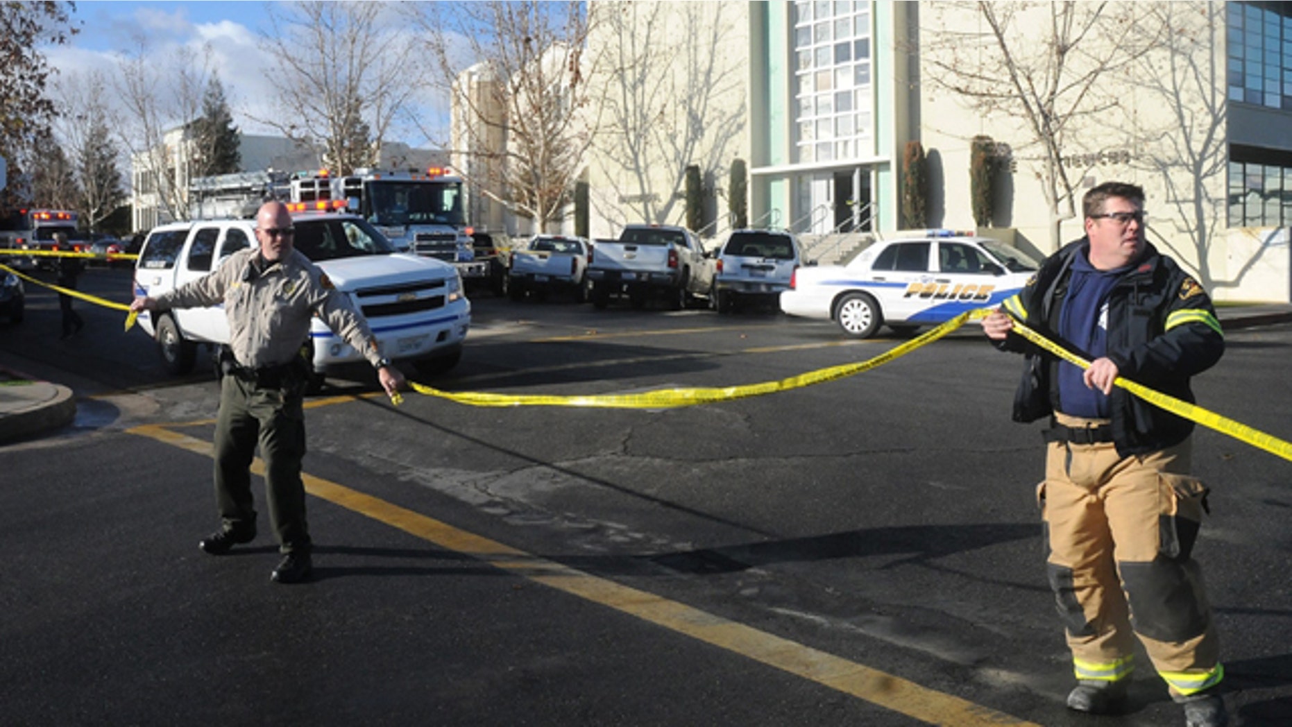 Jan. 10, 2013: This image shows officials taping off an area outside San Joaquin Valley high school in Taft, Calif.