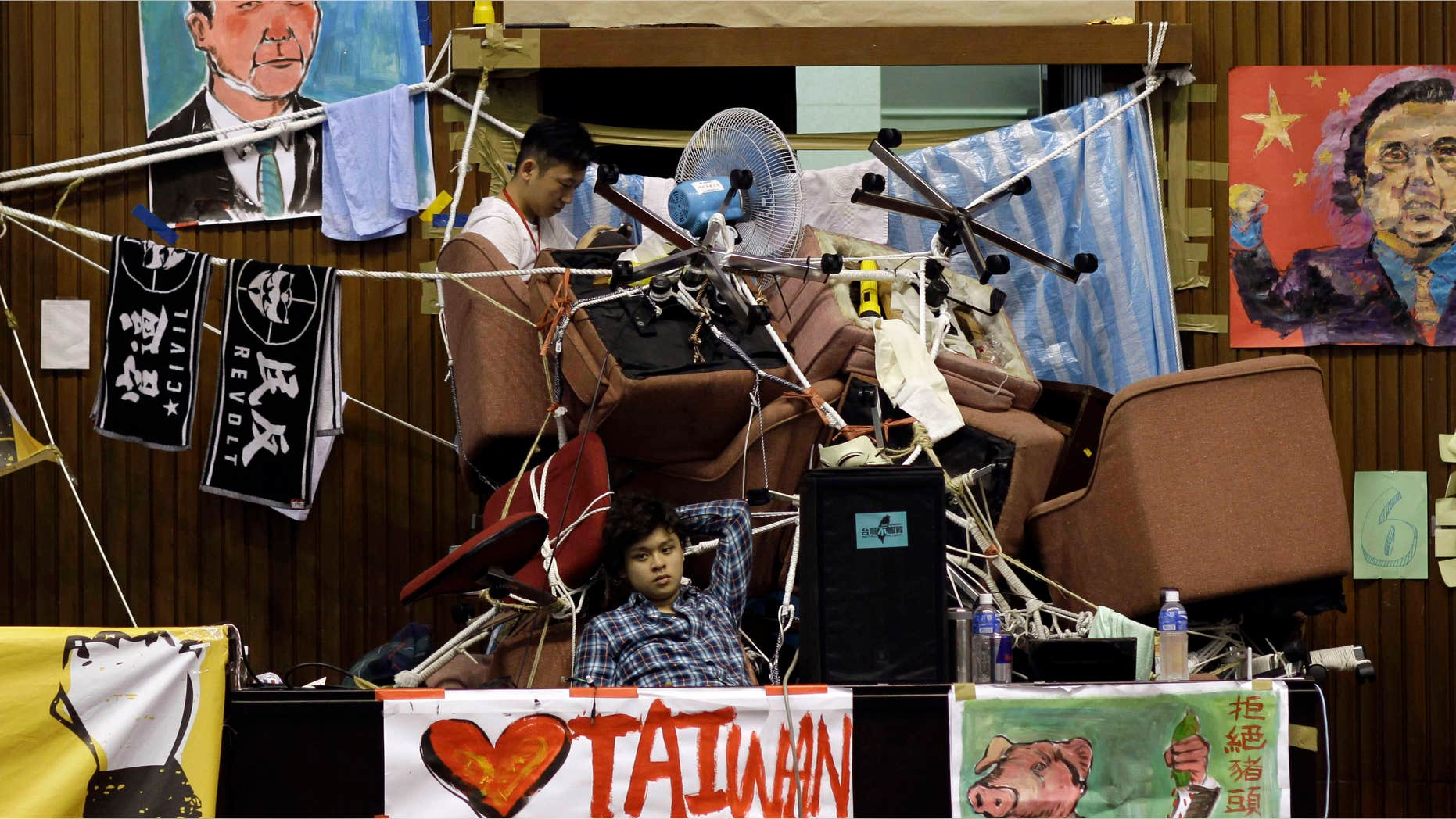 March 28, 2014: Student protesters against a pro-China trade pact continue to occupy the legislature floor in Taipei, Taiwan.