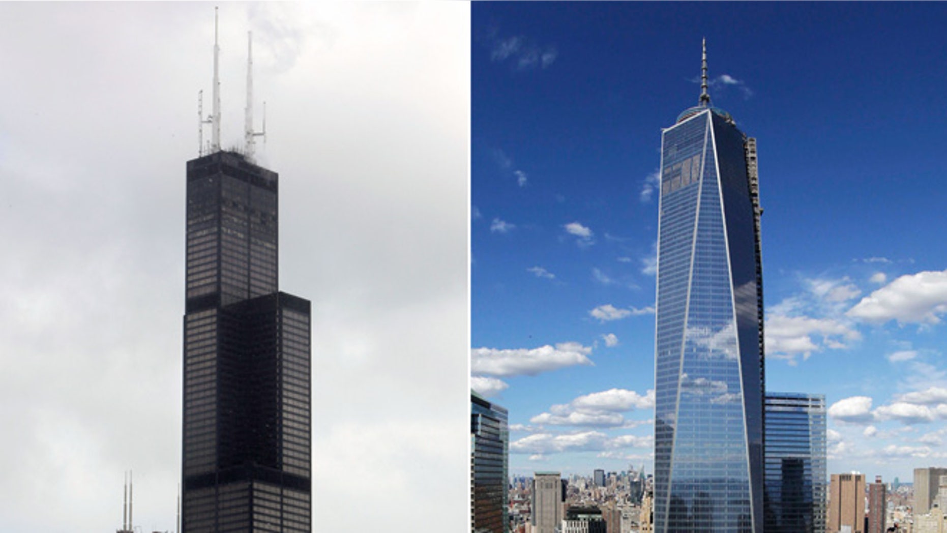 This combination made from file photos shows Willis Tower, formerly known as the Sears Tower, in Chicago on March 12, 2008, left, and One World Trade Center in New York on Sept. 5, 2013.