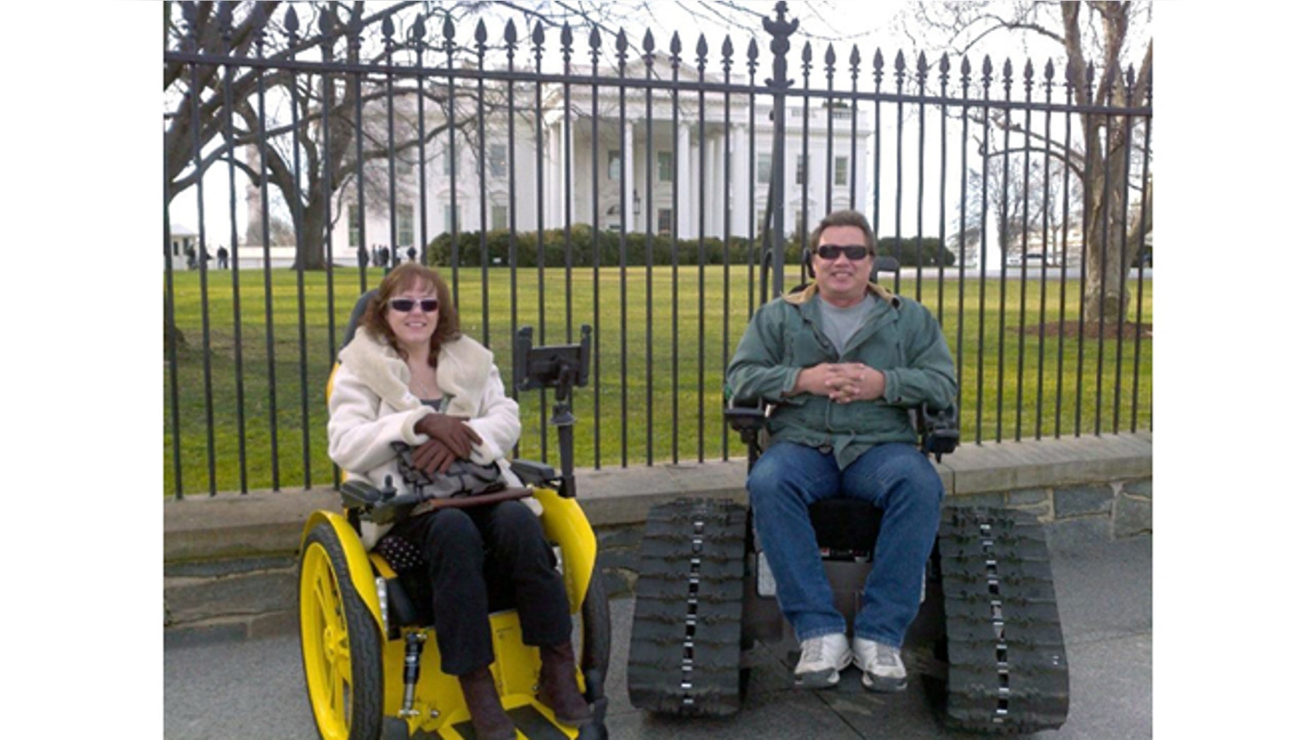 Brad Soden and his wife Liz in front of the White House in a speedster and Tank Chairs which he originally designed to provide more mobility for his wife who was paralyzed in a car accident in 1999.