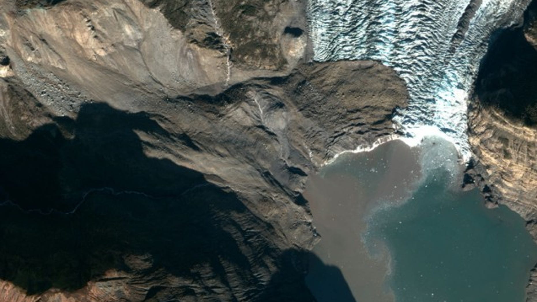 A 200 million ton landslide landed on the toe of Tyndall Glacier and in the water of Taan Fiord on Oct. 17 local time in Icy Bay, Alaska. It was detected by seismologists on the other side of the country. (NSF Polar Geospatial Center)