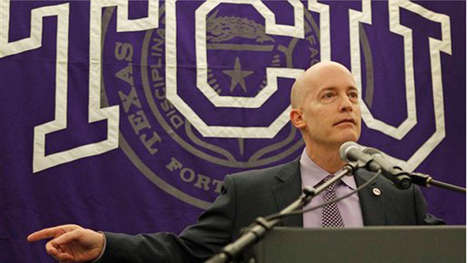 Feb. 15, 2012: Texas Christian University Chancellor Victor Boschini gestures during a news conference in Fort Worth, Texas.