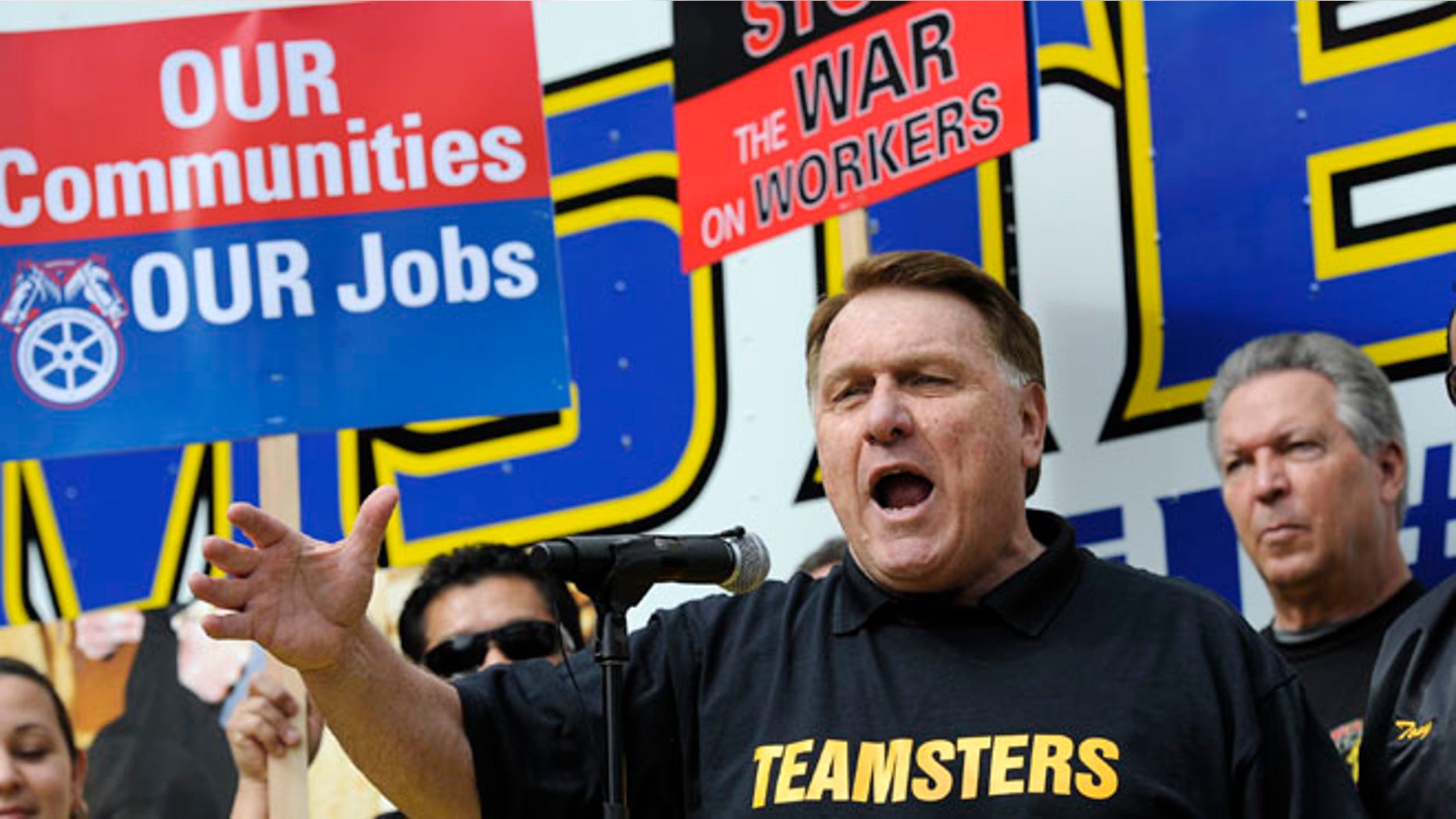 Los Angeles County Federation of Labor, Teamsters General President James Hoffa Jr. speaks during a march and rally by labor union supporters in Los Angeles Mar. 26, 2011.